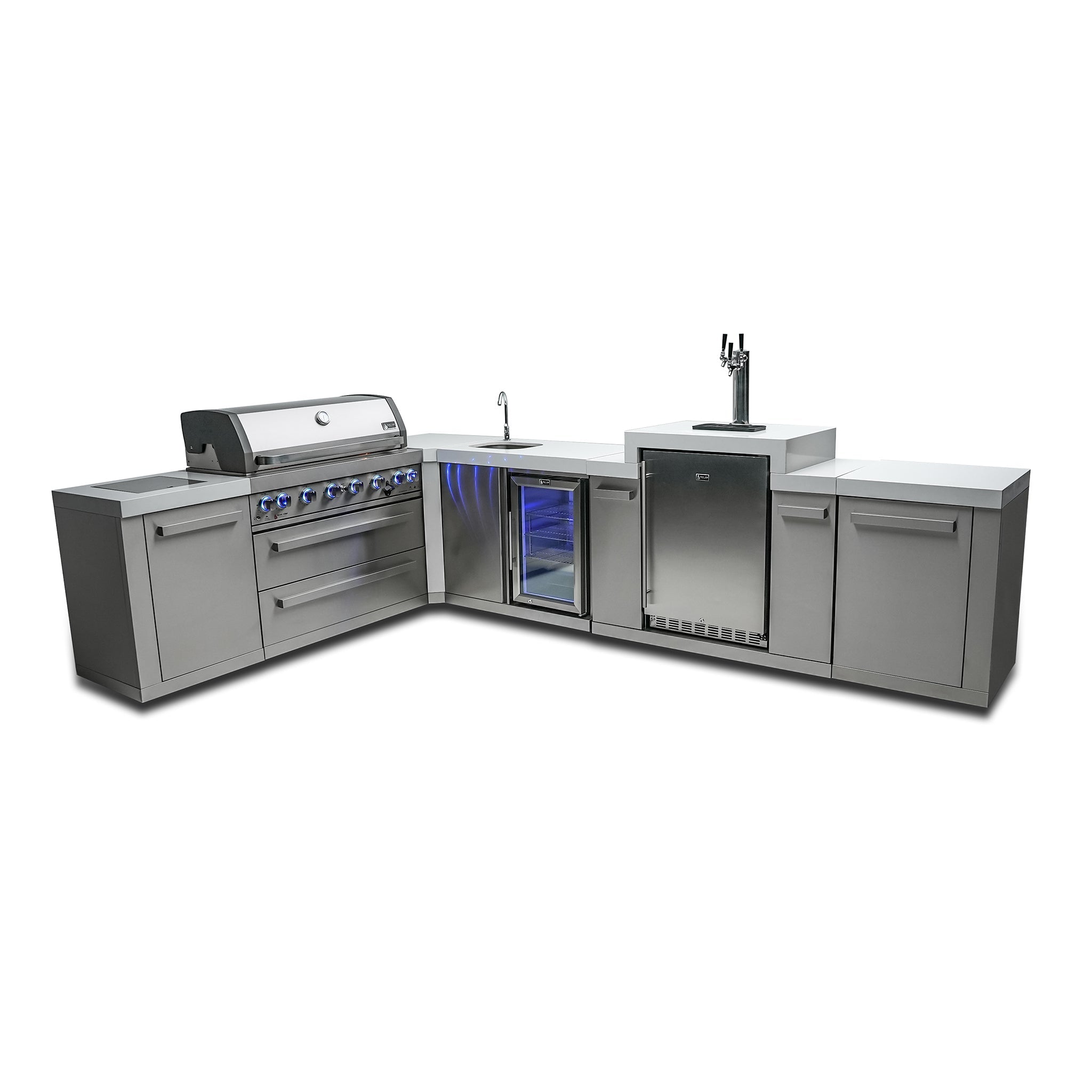 805 Original 8 ft. Stainless Steel 6-Burner Outdoor Kitchen Island with 90-Degree Corner Beverage Center and Fridge Cabinet