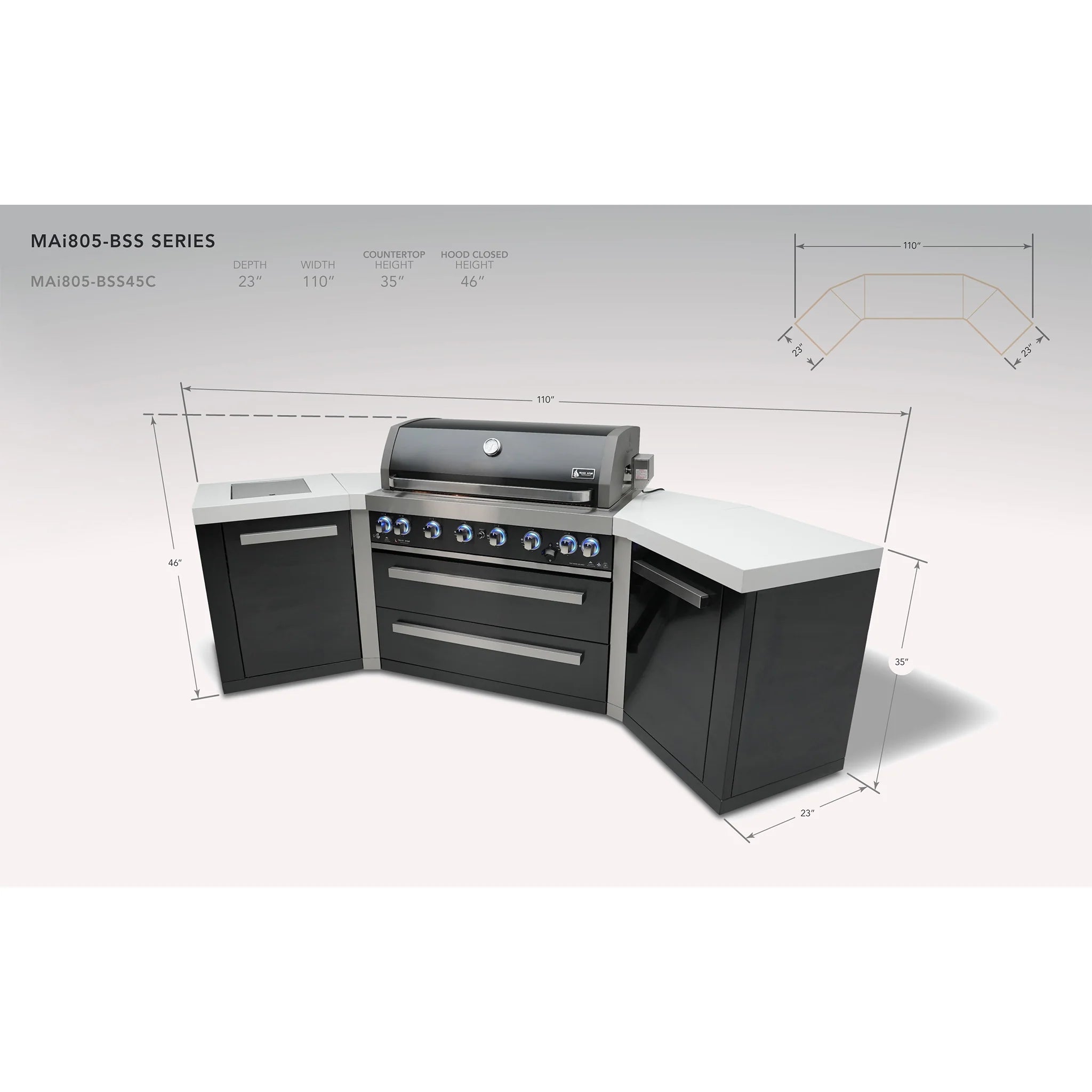 805 8 ft. Black Stainless Steel 6-Burner Outdoor Kitchen Island with 45-Degree Corners