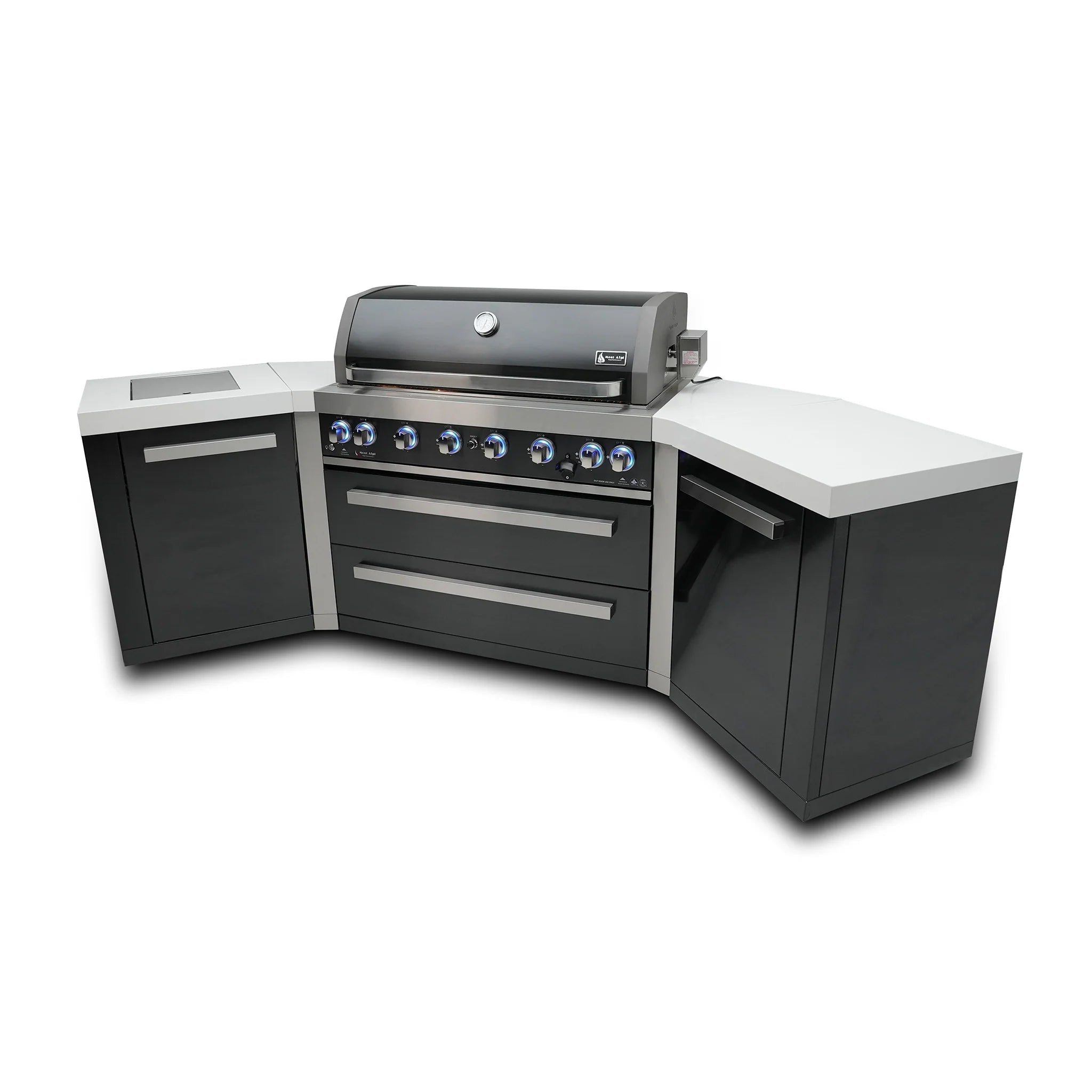 805 8 ft. Black Stainless Steel 6-Burner Outdoor Kitchen Island with 45-Degree Corners