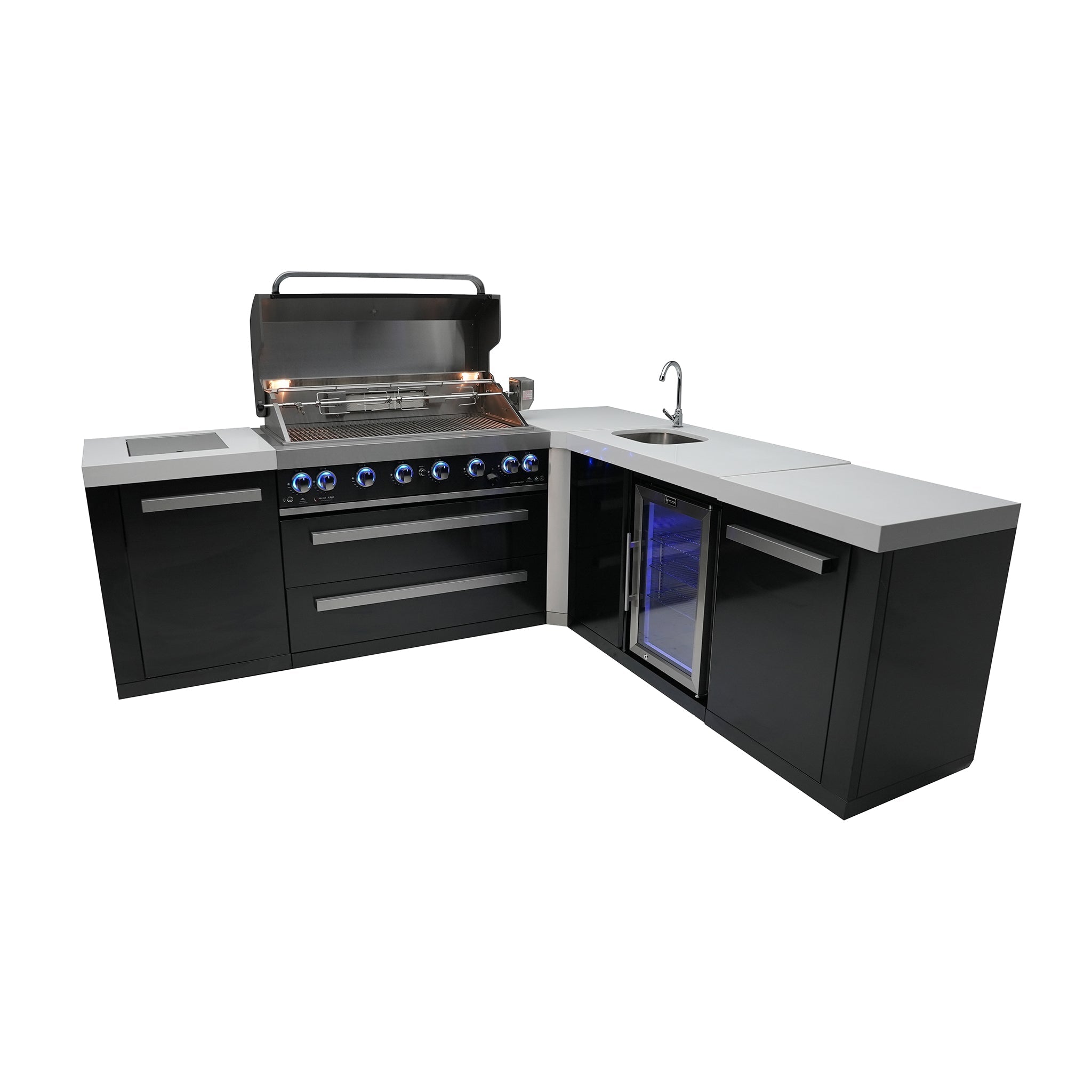 805 8 ft. Black Stainless Steel 6-Burner Outdoor Kitchen Island with 90-Degree Corner and Beverage Center