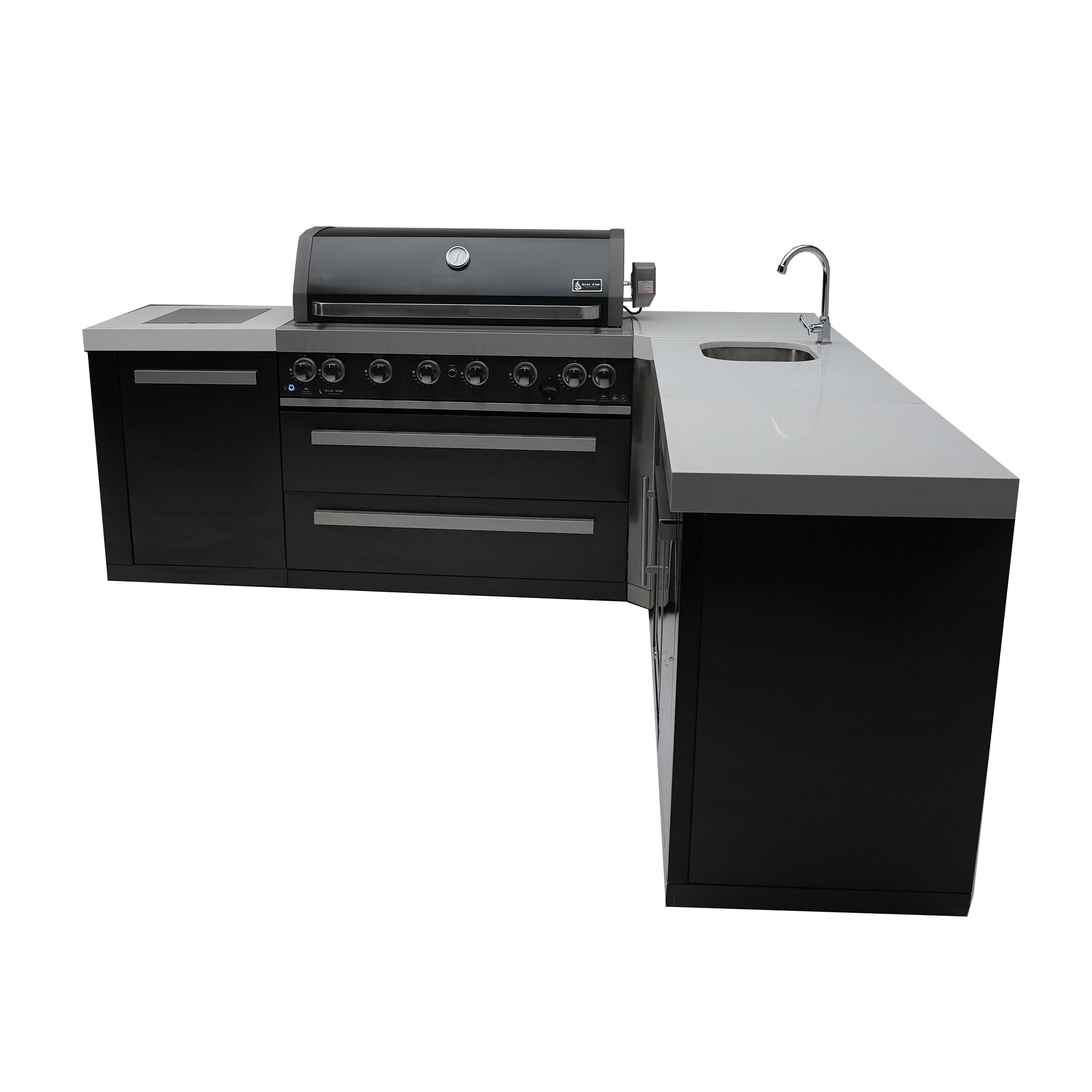 805 8 ft. Black Stainless Steel 6-Burner Outdoor Kitchen Island with 90-Degree Corner and Beverage Center