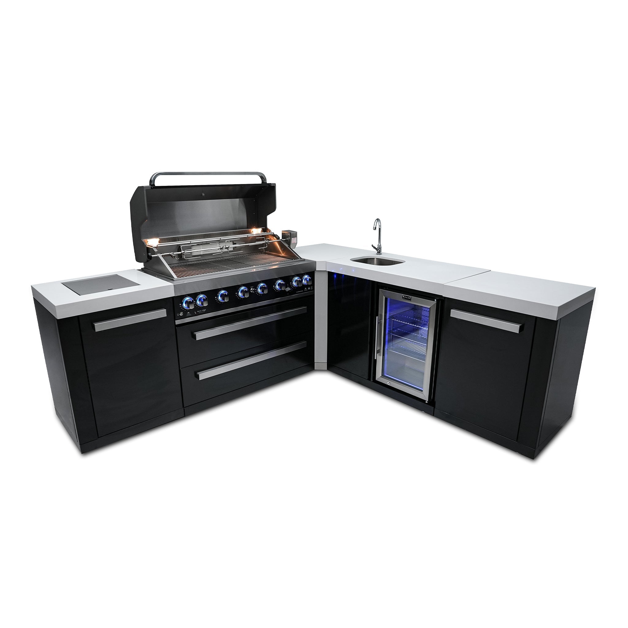805 8 ft. Black Stainless Steel 6-Burner Outdoor Kitchen Island with 90-Degree Corner and Beverage Center