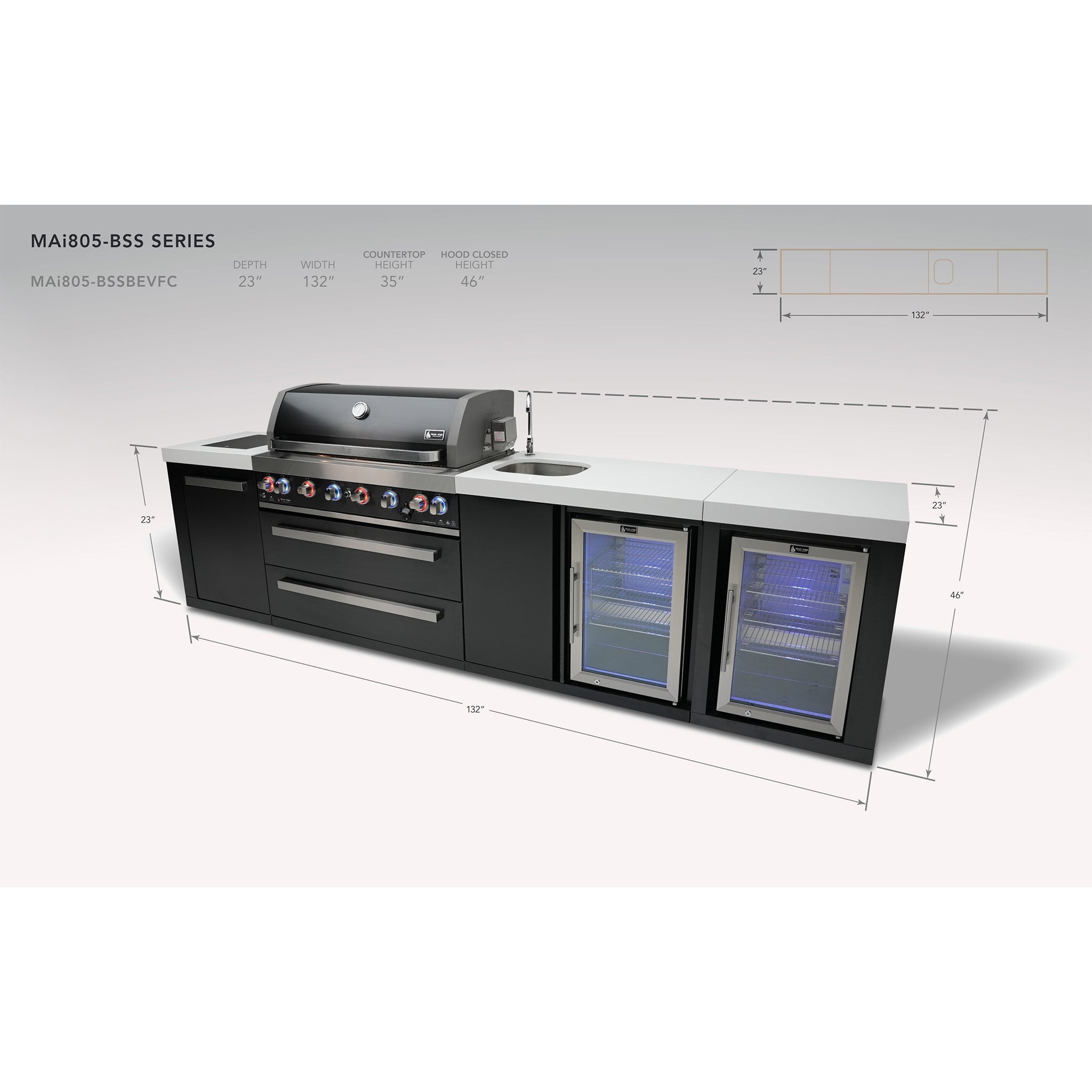 805 11 ft. Black Stainless Steel 6-Burner Outdoor Kitchen Island with Beverage Center