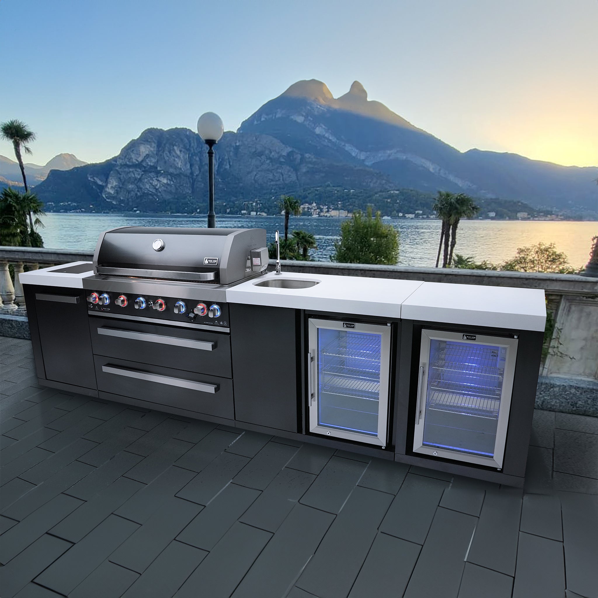 805 11 ft. Black Stainless Steel 6-Burner Outdoor Kitchen Island with Beverage Center