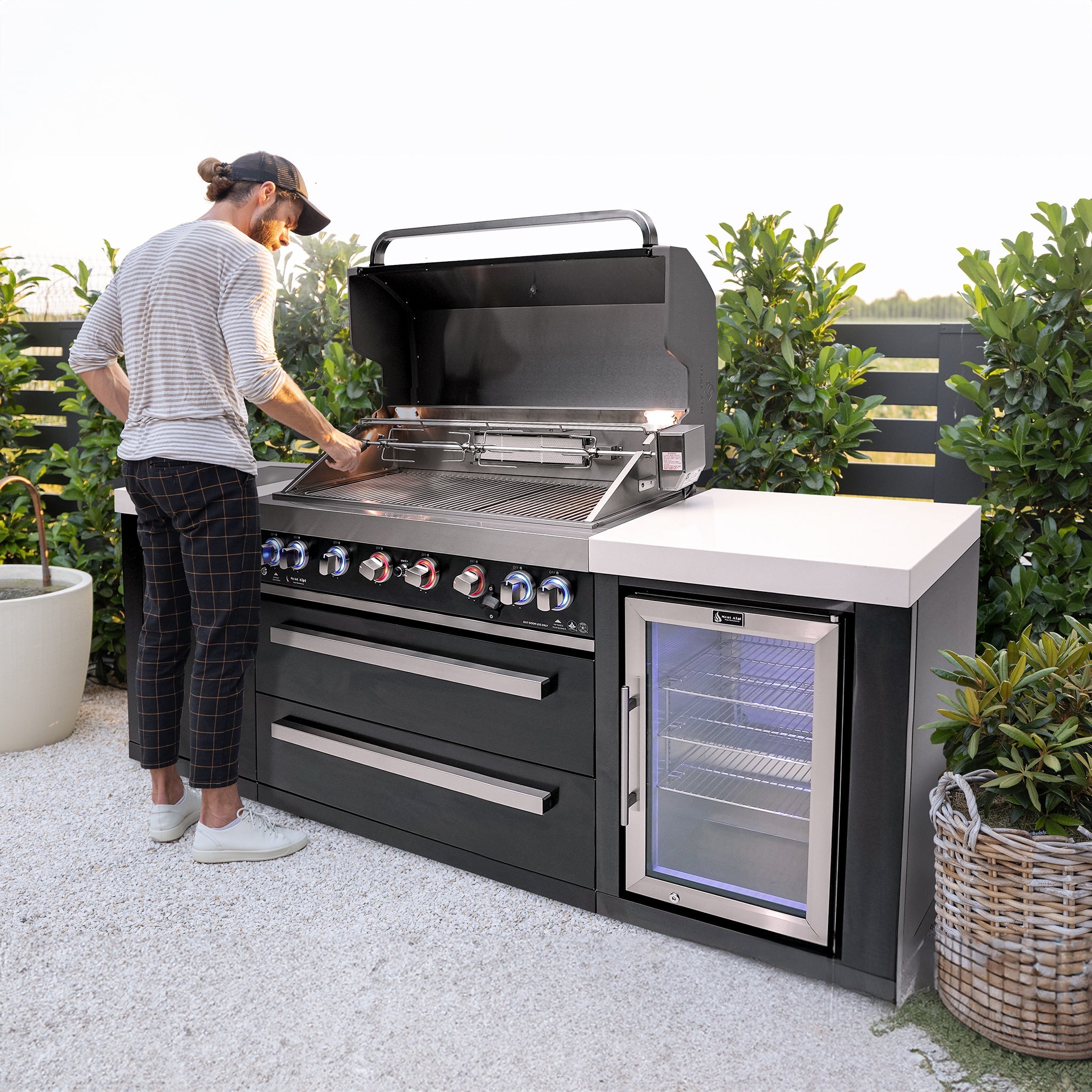 805 10 ft. Black Stainless Steel 6-Burner Outdoor Kitchen Island with 45-Degree Corners and Fridge Cabinet