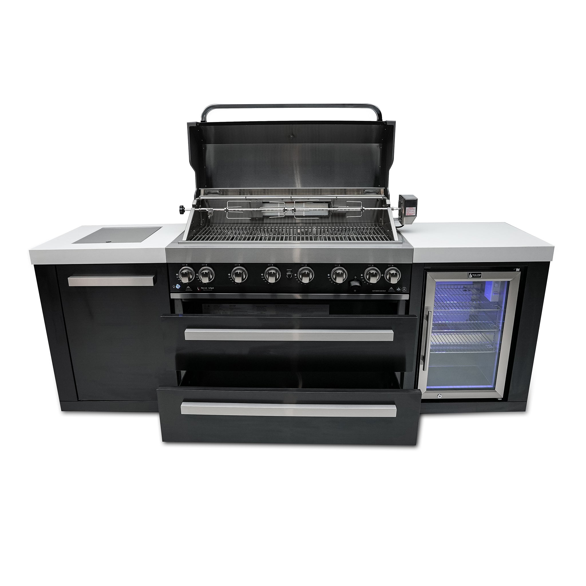 805 10 ft. Black Stainless Steel 6-Burner Outdoor Kitchen Island with 45-Degree Corners and Fridge Cabinet