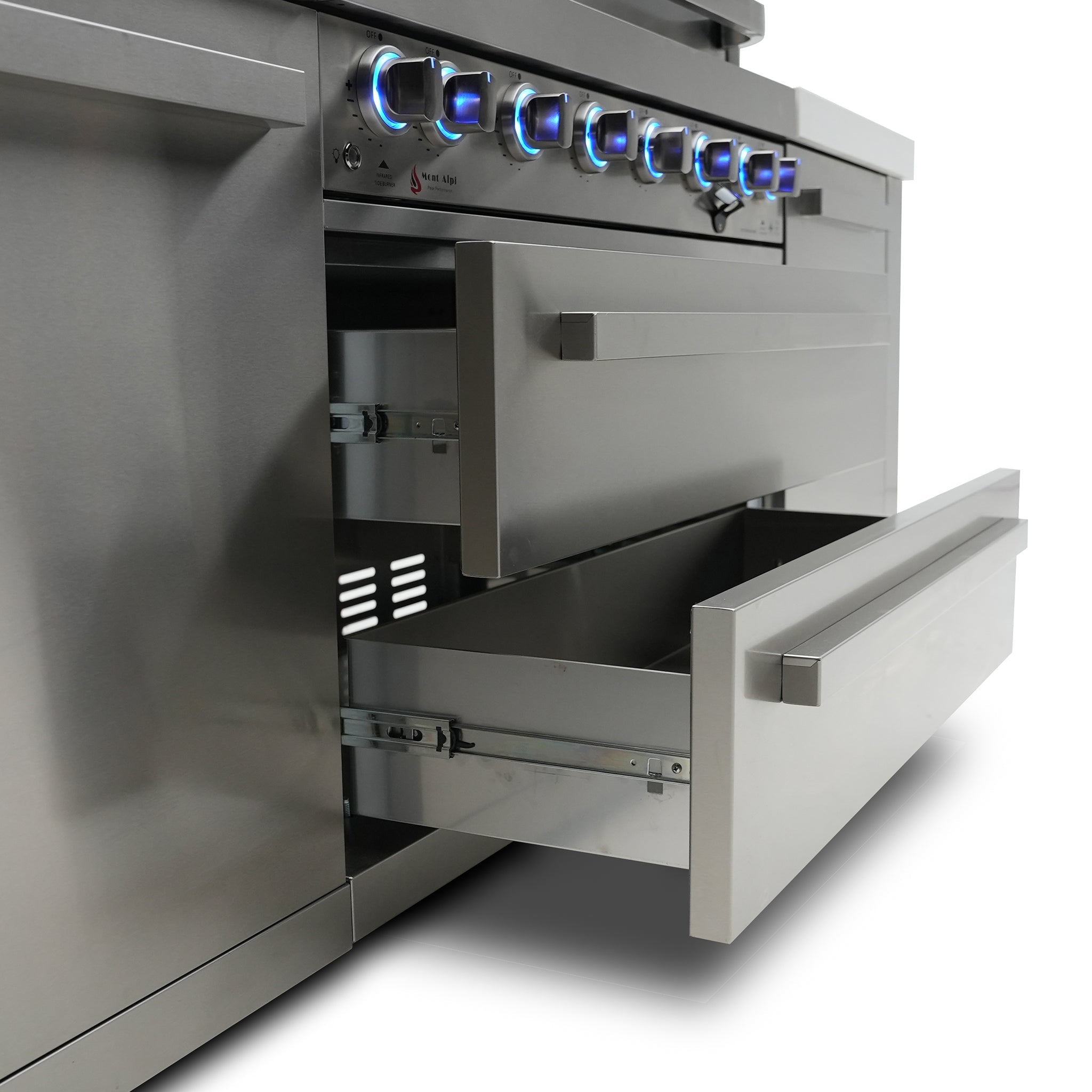 805 Deluxe 9.5 ft. Stainless Steel 6-Burner Outdoor Kitchen Island with 45 Degree Corners and Fridge Cabinet