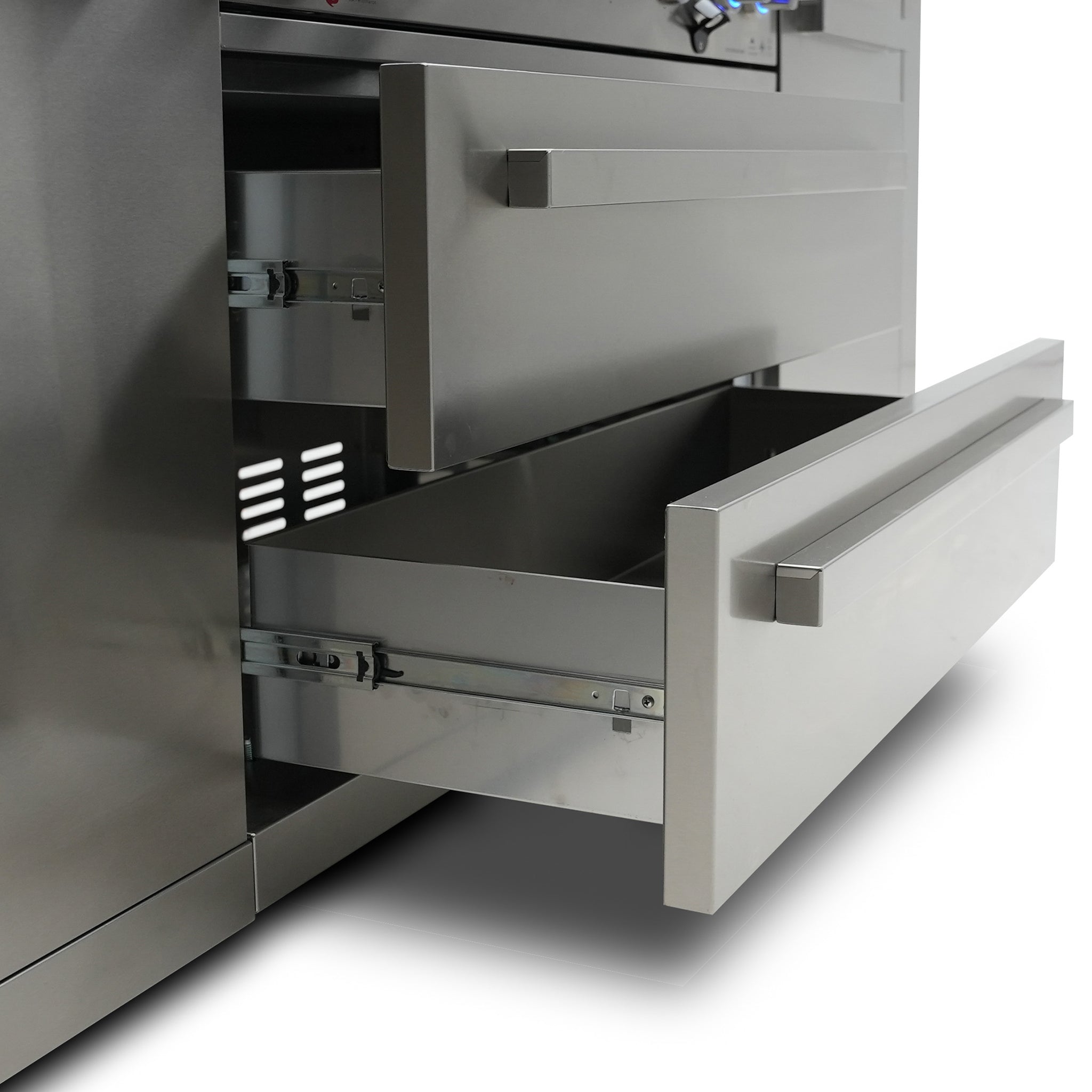 805 Deluxe 9.5 ft. Stainless Steel 6-Burner Outdoor Kitchen Island with 45 Degree Corners and Fridge Cabinet