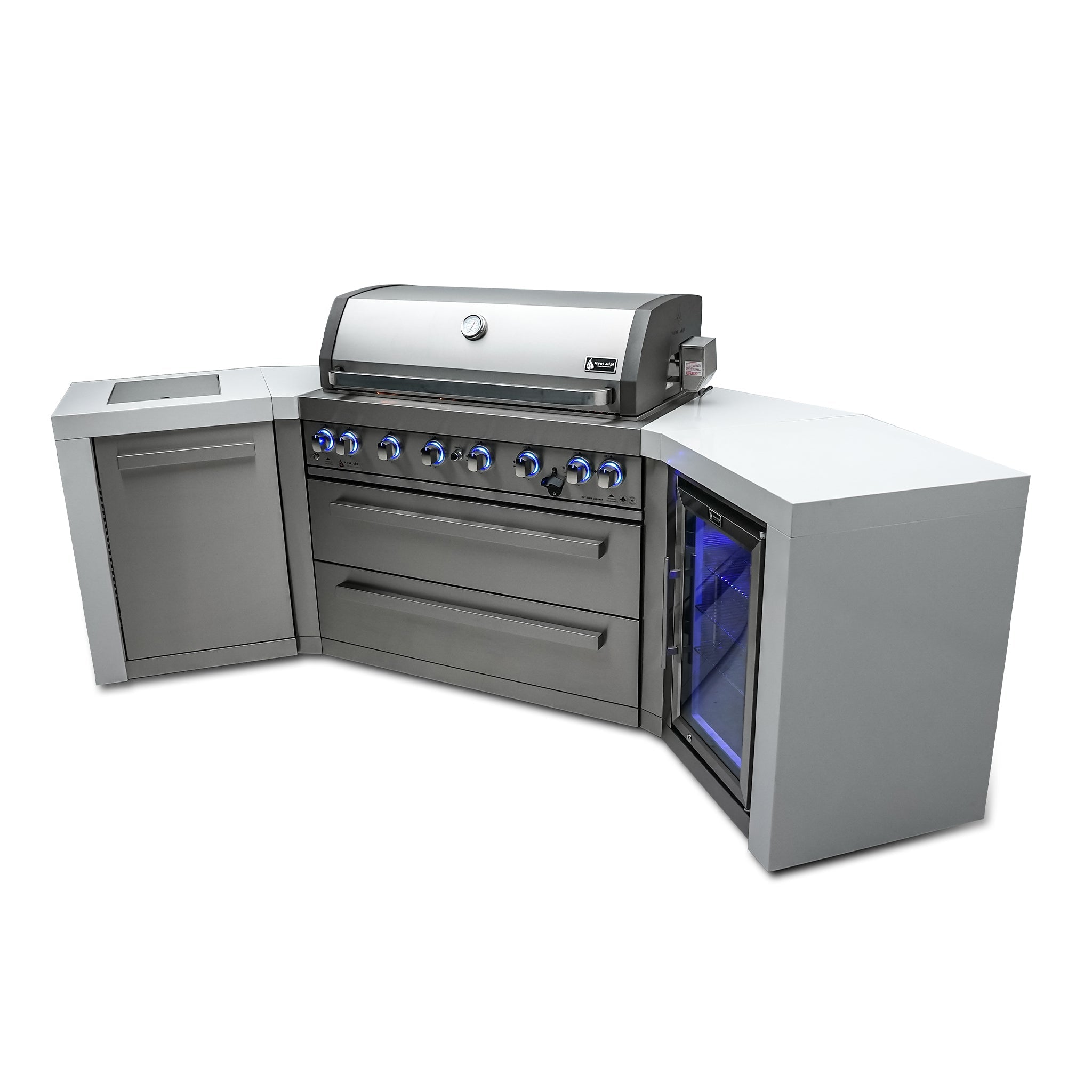 805 Deluxe 9.5 ft. Stainless Steel 6-Burner Outdoor Kitchen Island with 45 Degree Corners and Fridge Cabinet