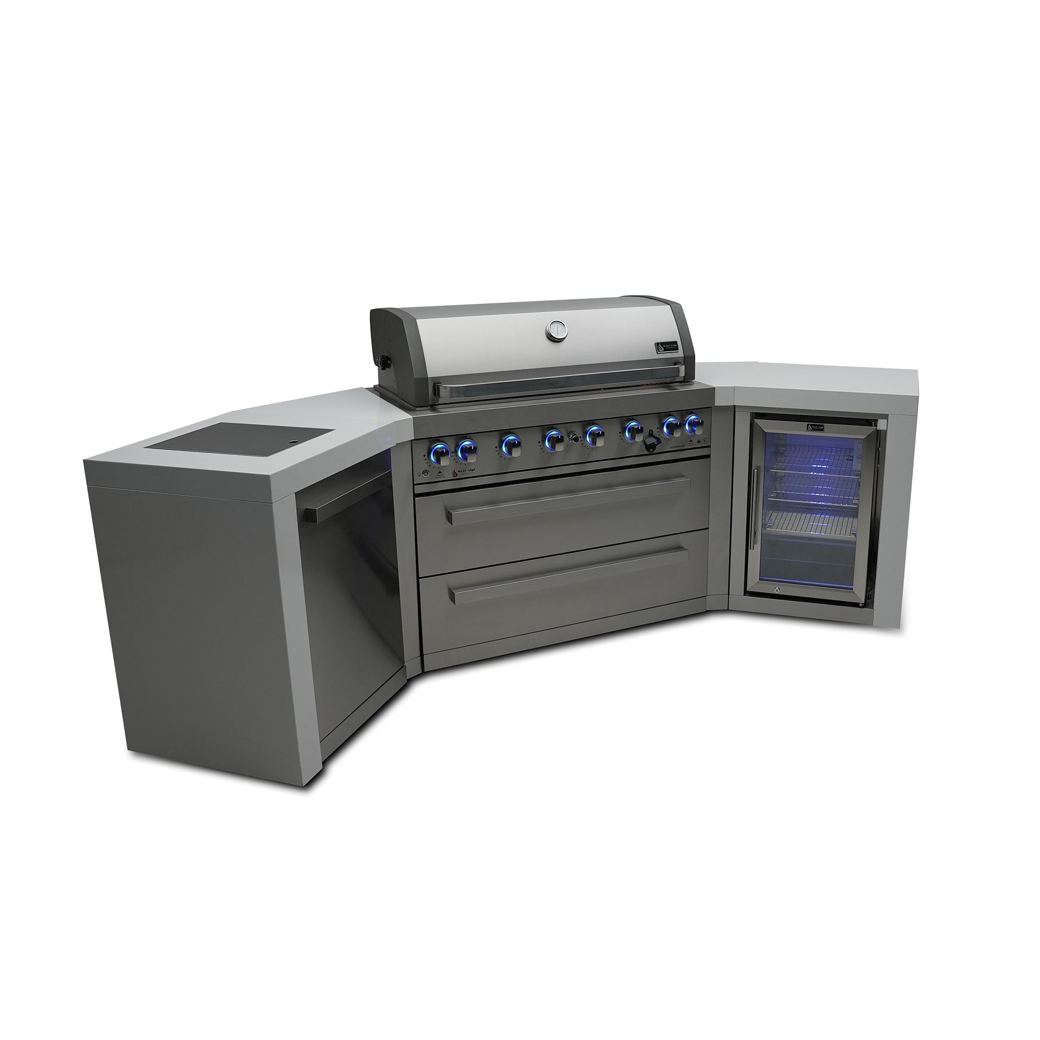 805 Deluxe 9.5 ft. Stainless Steel 6-Burner Outdoor Kitchen Island with 45 Degree Corners and Fridge Cabinet