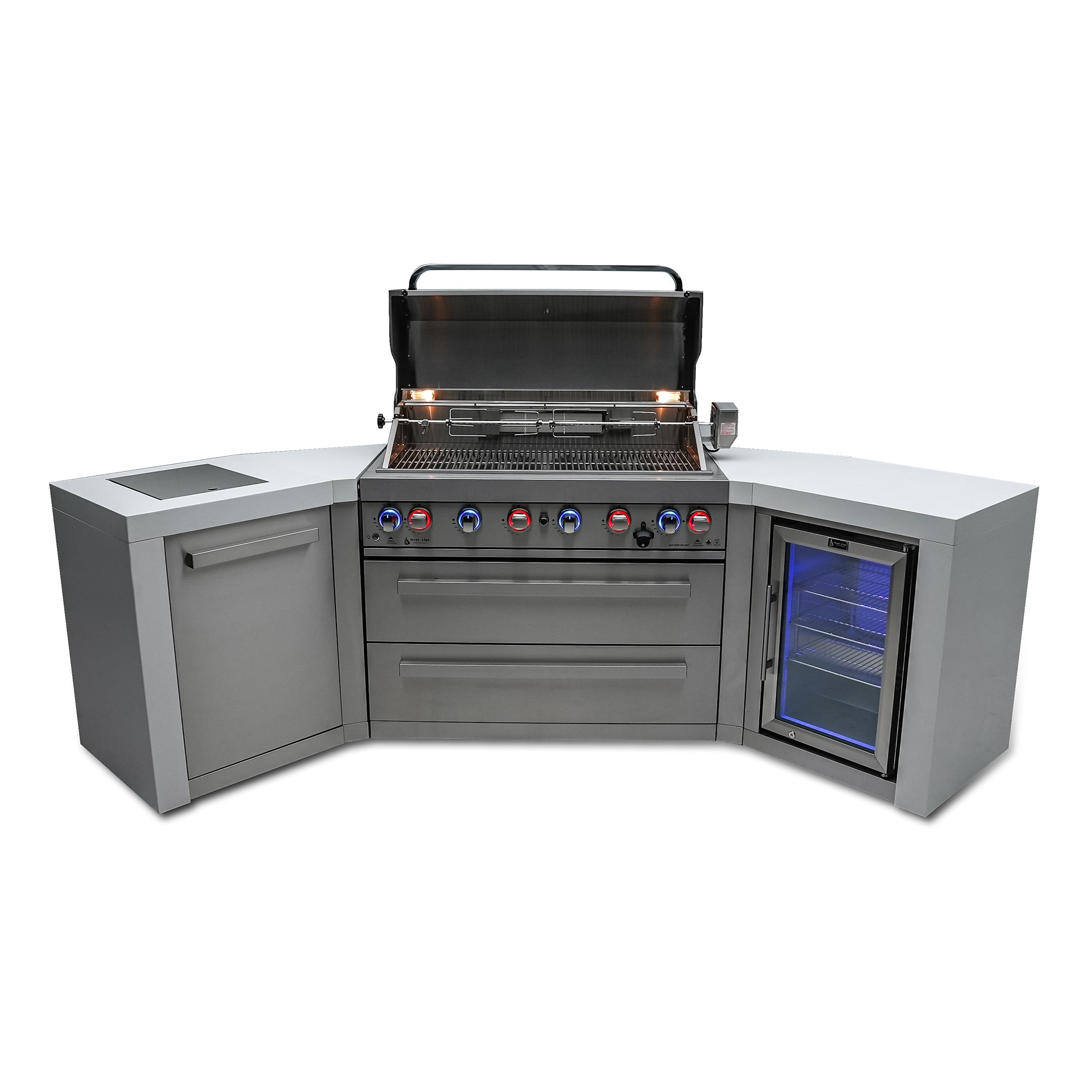 805 Deluxe 9.5 ft. Stainless Steel 6-Burner Outdoor Kitchen Island with 45 Degree Corners and Fridge Cabinet