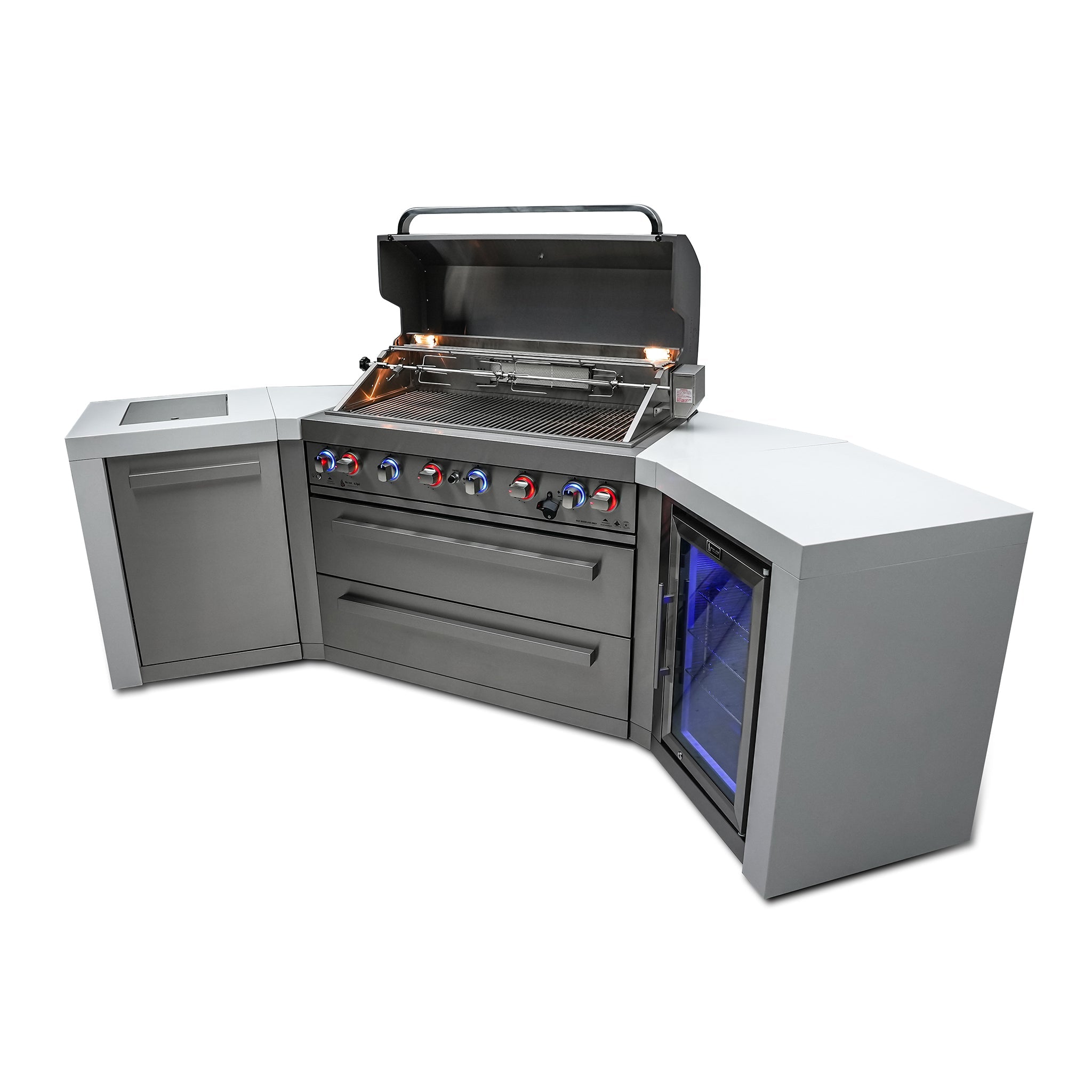 805 Deluxe 9.5 ft. Stainless Steel 6-Burner Outdoor Kitchen Island with 45 Degree Corners and Fridge Cabinet