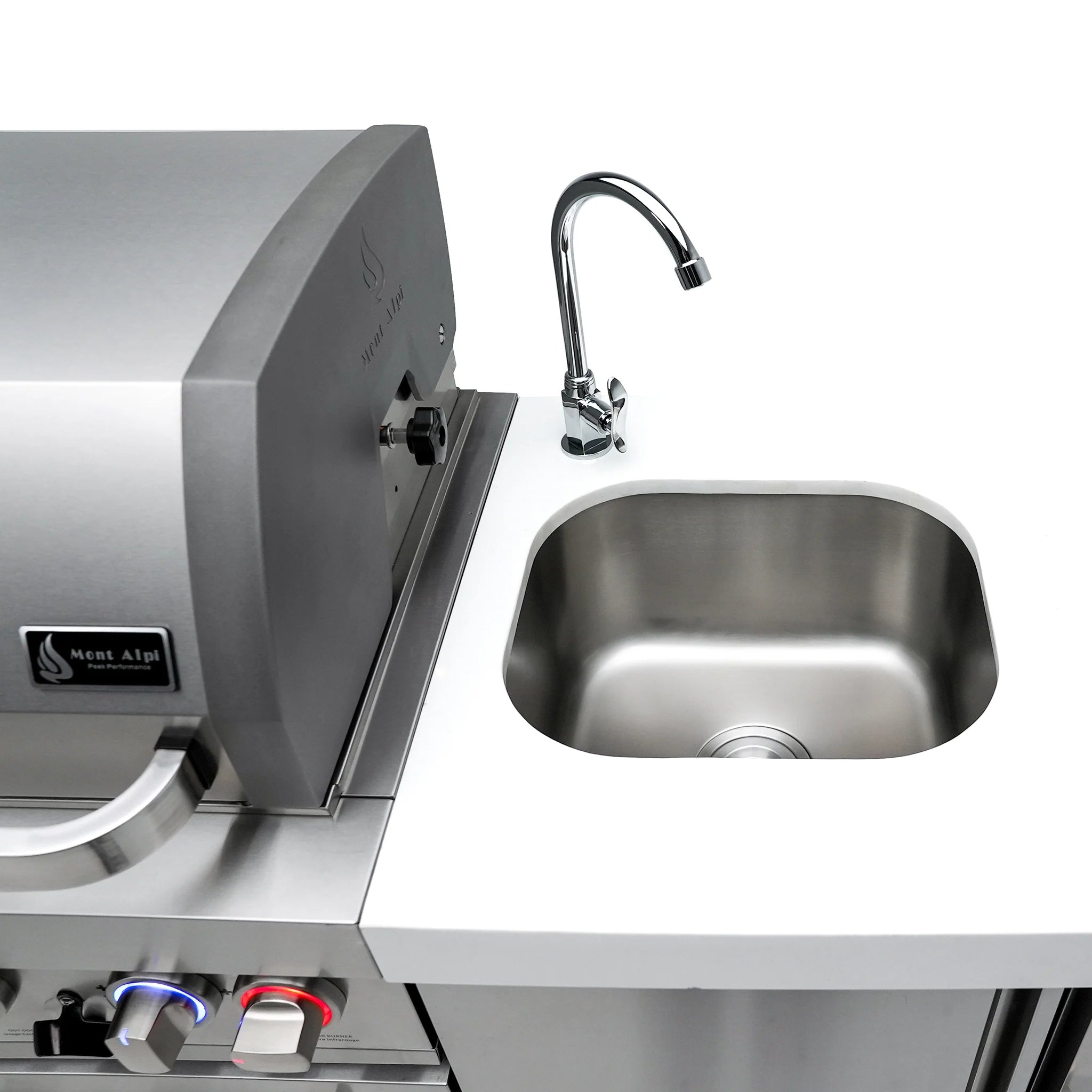 805 Deluxe 8 ft. Stainless Steel 6-Burner Outdoor Kitchen Island with 90-Degree Corner and Beverage Center