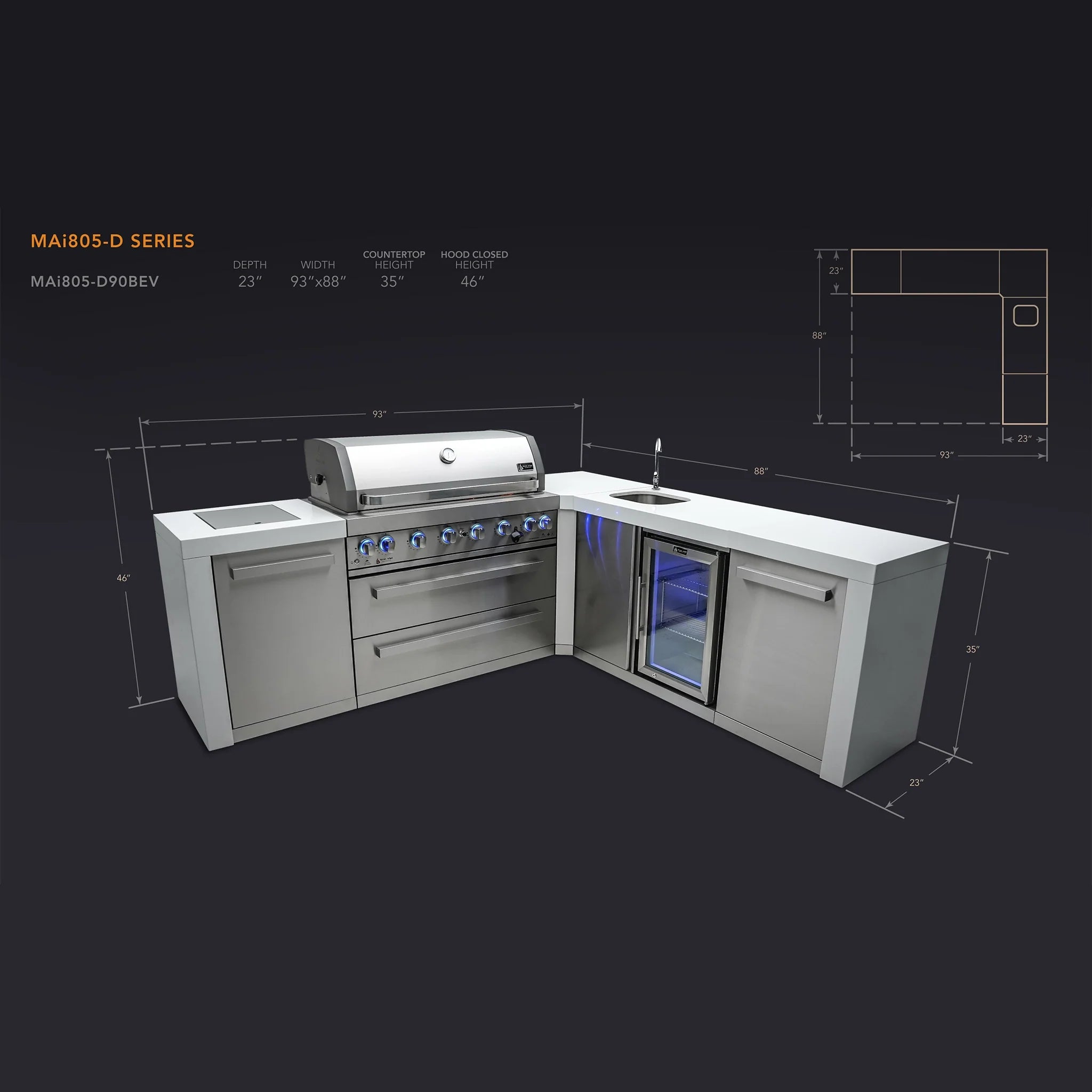 805 Deluxe 8 ft. Stainless Steel 6-Burner Outdoor Kitchen Island with 90-Degree Corner and Beverage Center