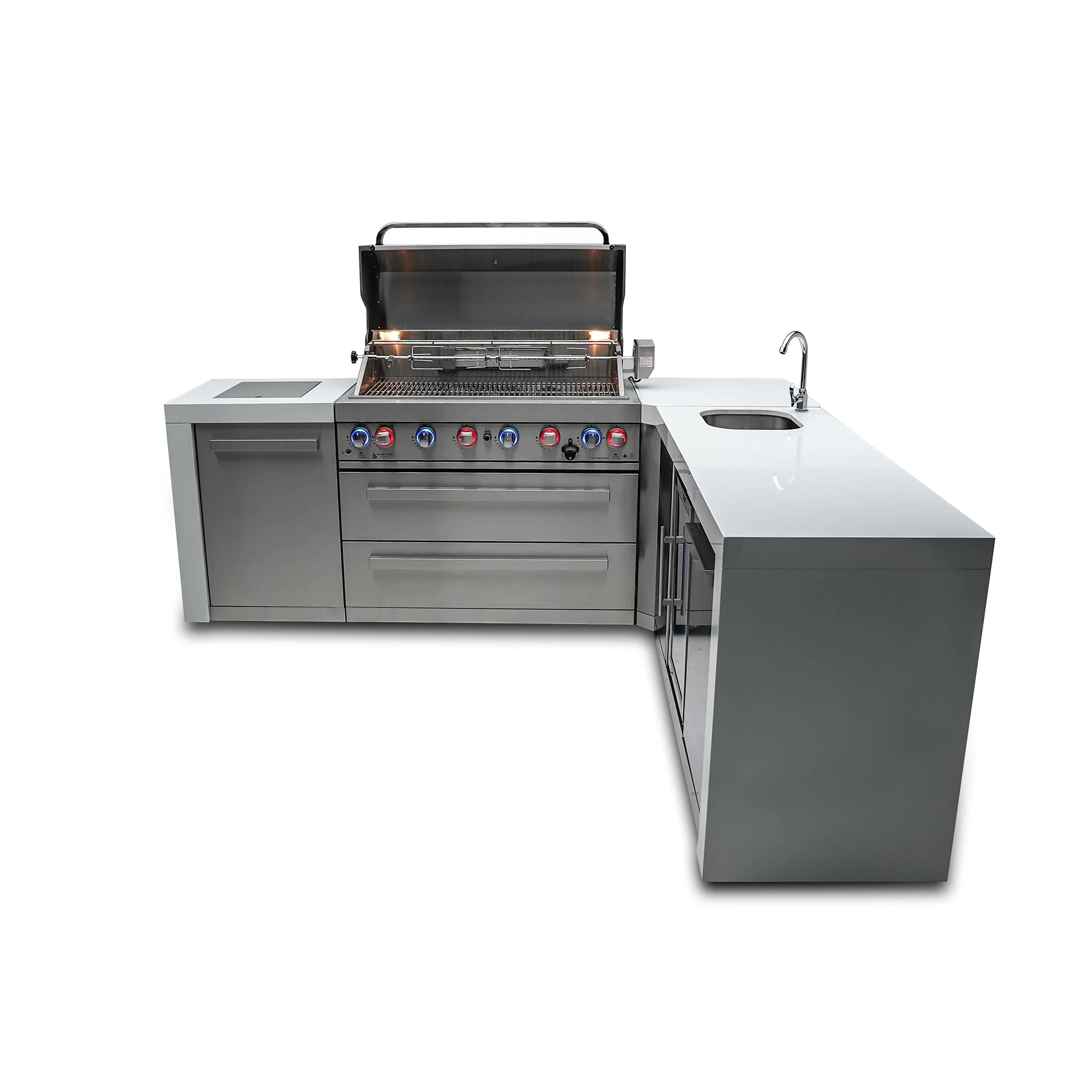 805 Deluxe 8 ft. Stainless Steel 6-Burner Outdoor Kitchen Island with 90-Degree Corner and Beverage Center