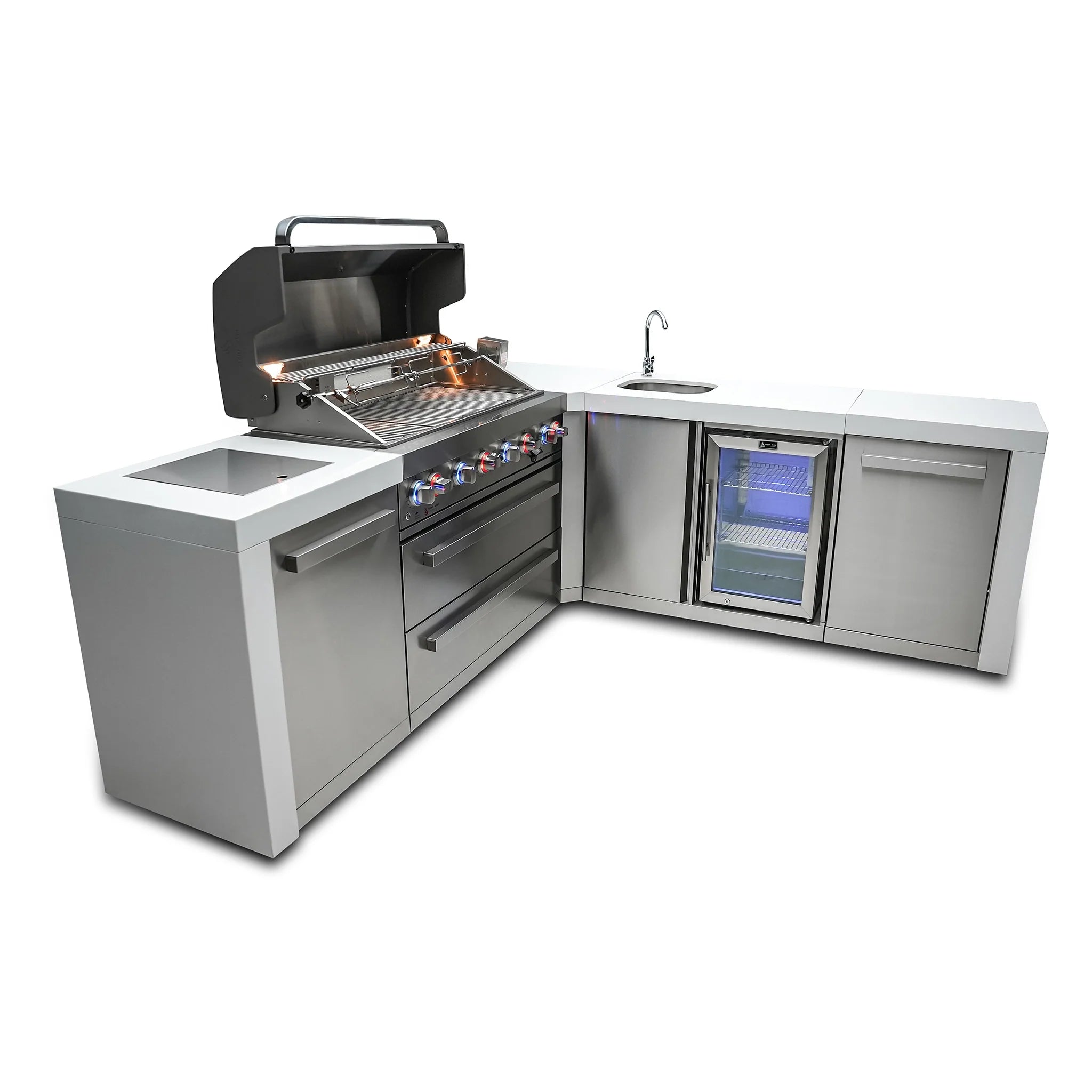 805 Deluxe 8 ft. Stainless Steel 6-Burner Outdoor Kitchen Island with 90-Degree Corner and Beverage Center