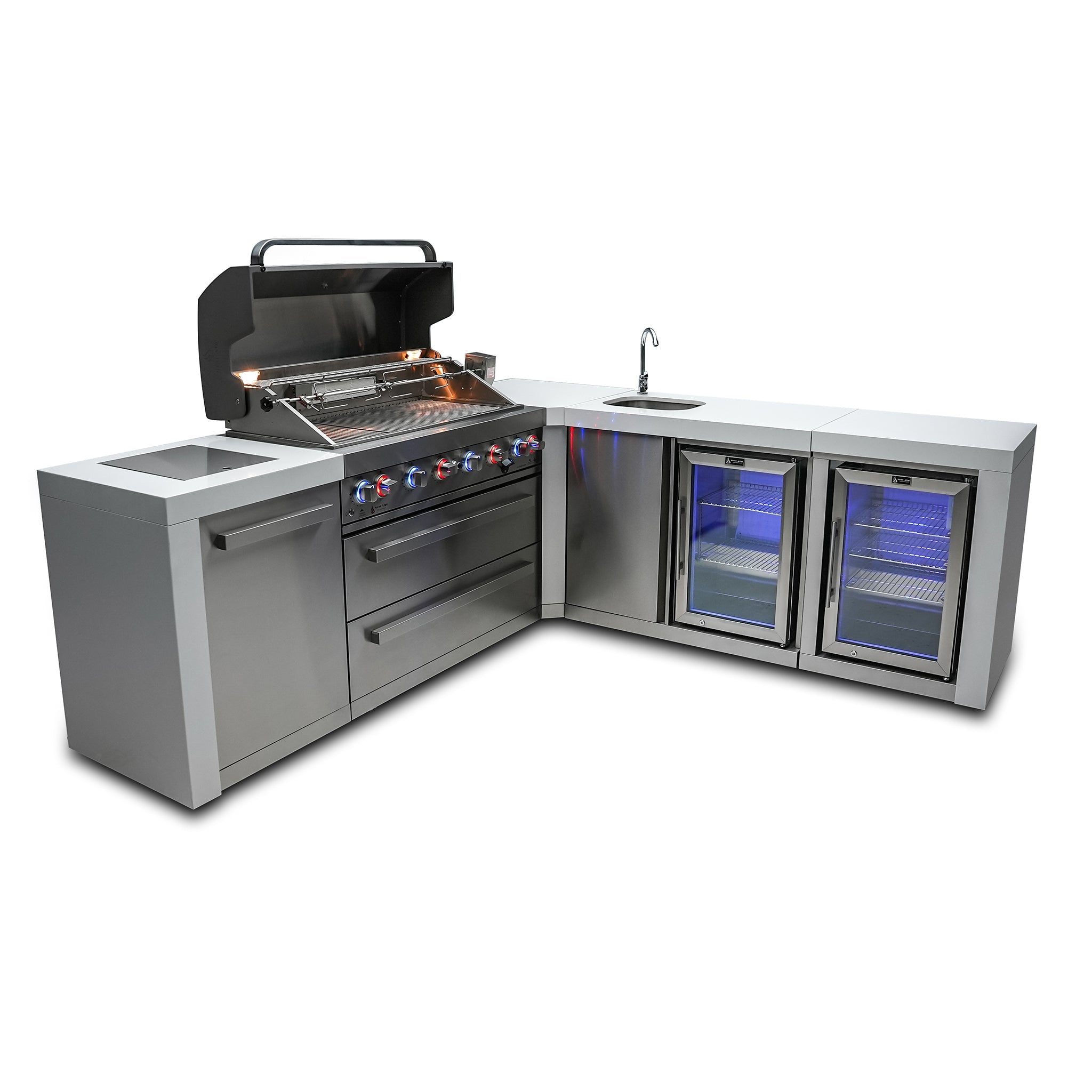 805 Deluxe Stainless Steel 6-Burner Outdoor Kitchen Island with 90-Degree Corner Beverage Center and Fridge Cabinet