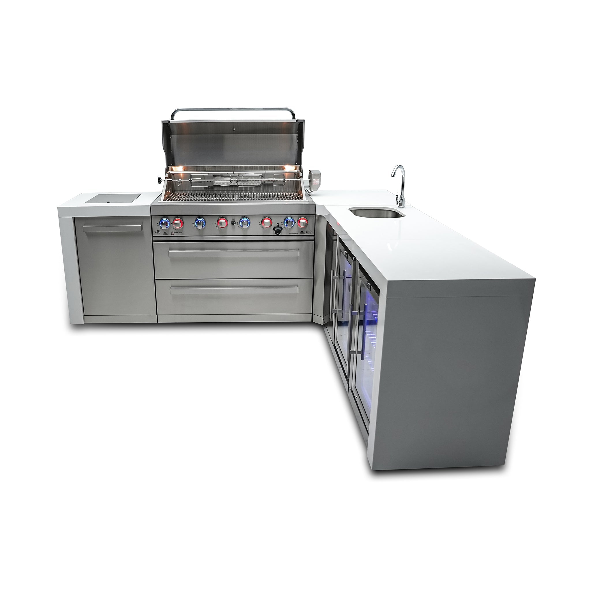 805 Deluxe Stainless Steel 6-Burner Outdoor Kitchen Island with 90-Degree Corner Beverage Center and Fridge Cabinet