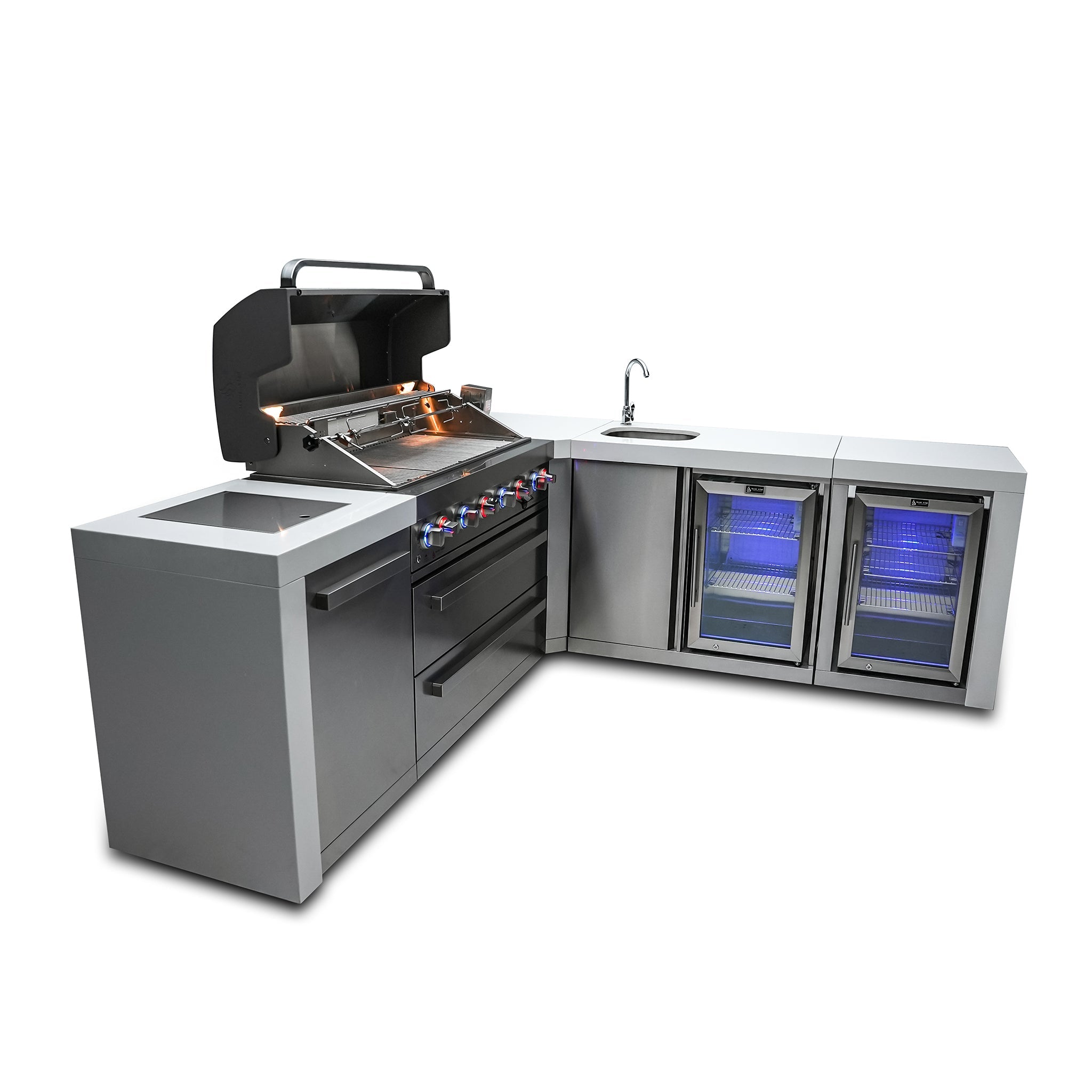 805 Deluxe Stainless Steel 6-Burner Outdoor Kitchen Island with 90-Degree Corner Beverage Center and Fridge Cabinet