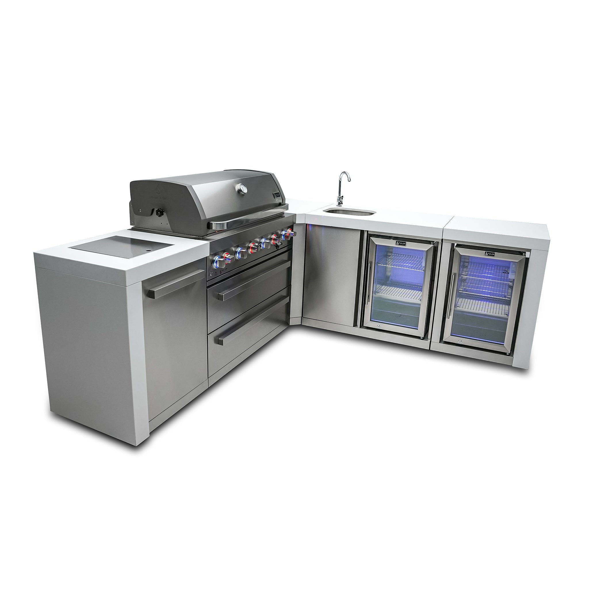 805 Deluxe Stainless Steel 6-Burner Outdoor Kitchen Island with 90-Degree Corner Beverage Center and Fridge Cabinet