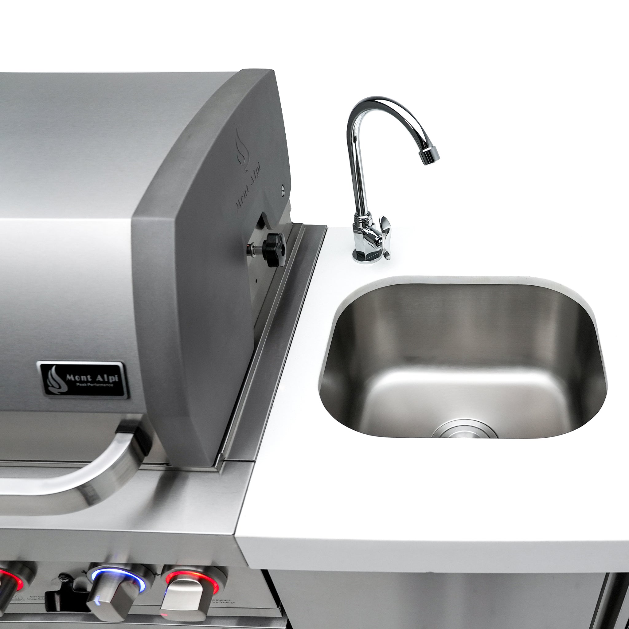 805 Deluxe 11 ft. Stainless Steel 6-Burner Outdoor Kitchen Island with Beverage Center and Fridge Cabinet