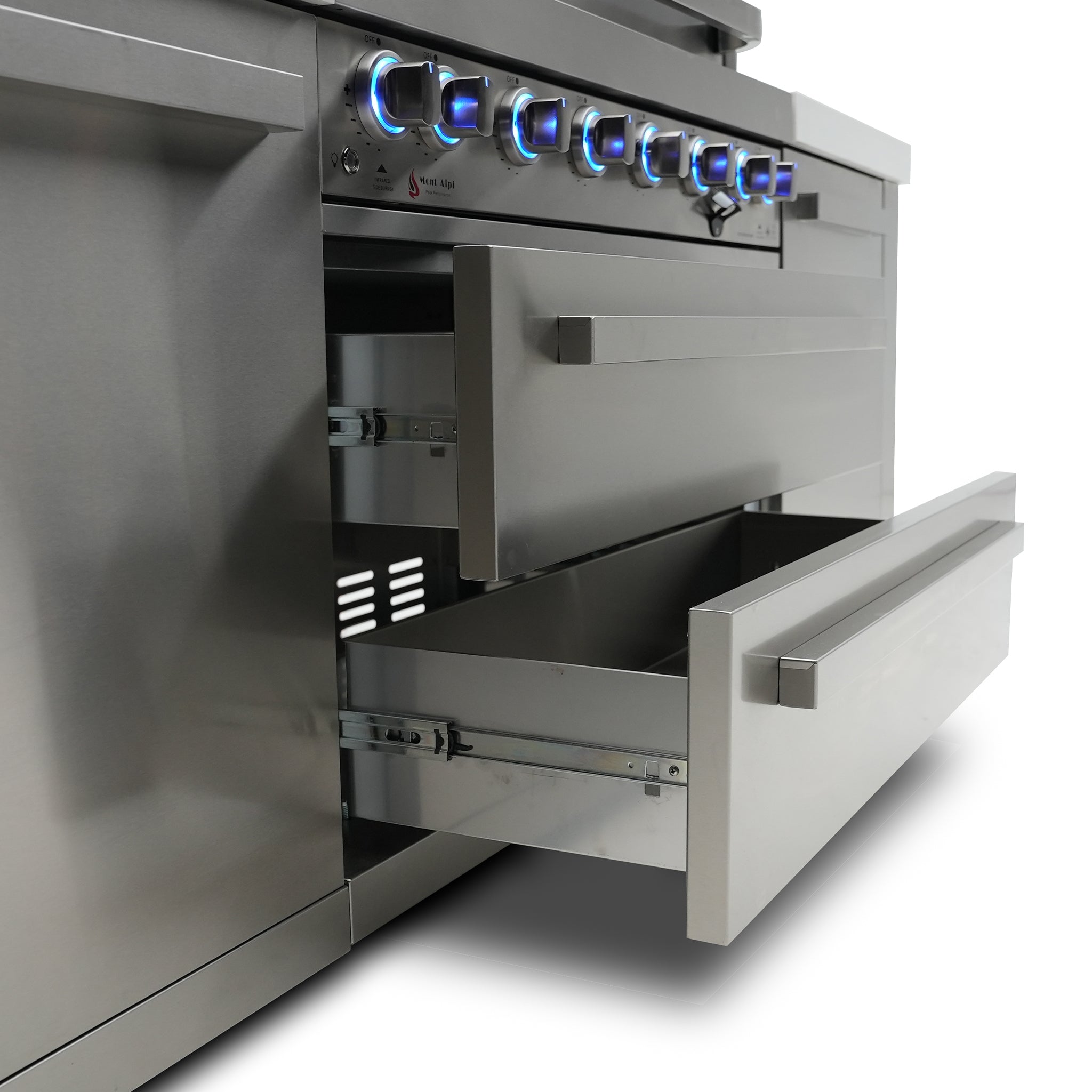 805 Deluxe 11 ft. Stainless Steel 6-Burner Outdoor Kitchen Island with Beverage Center and Fridge Cabinet