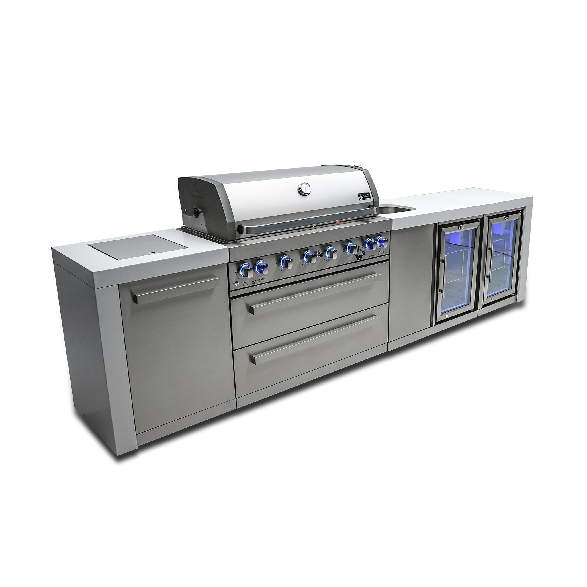 805 Deluxe 11 ft. Stainless Steel 6-Burner Outdoor Kitchen Island with Beverage Center and Fridge Cabinet