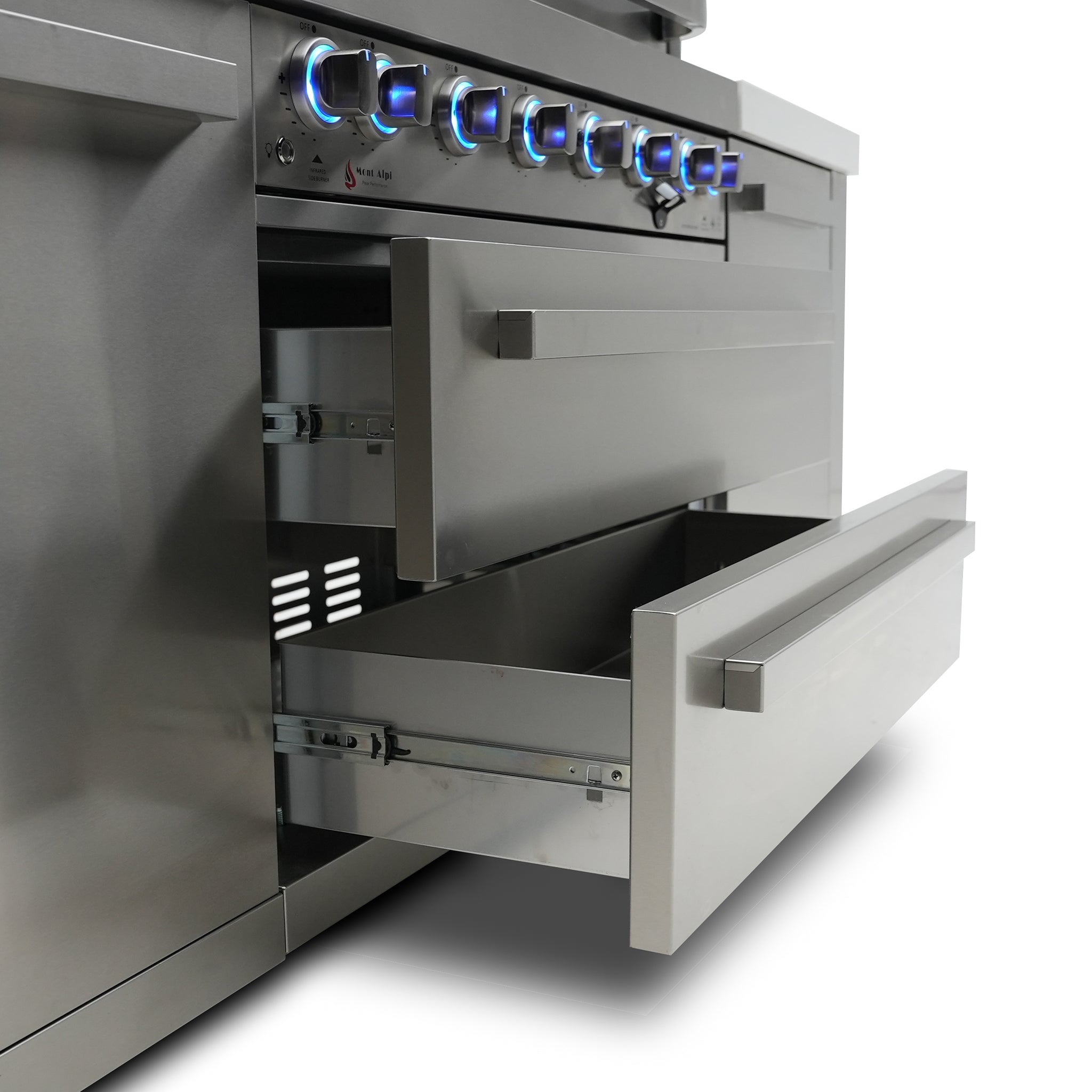 805 Deluxe 8 ft. Stainless Steel 6-Burner Outdoor Kitchen Island with Fridge Cabinet