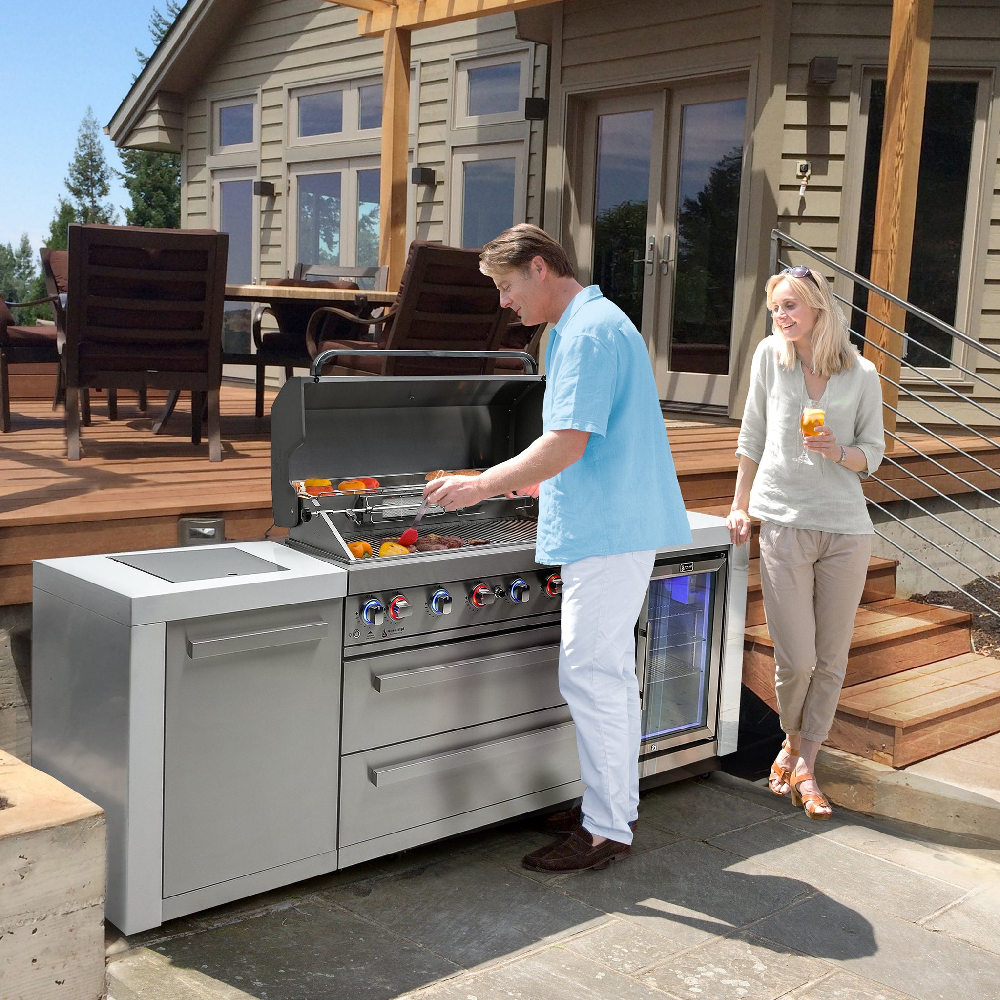 805 Deluxe 8 ft. Stainless Steel 6-Burner Outdoor Kitchen Island with Fridge Cabinet