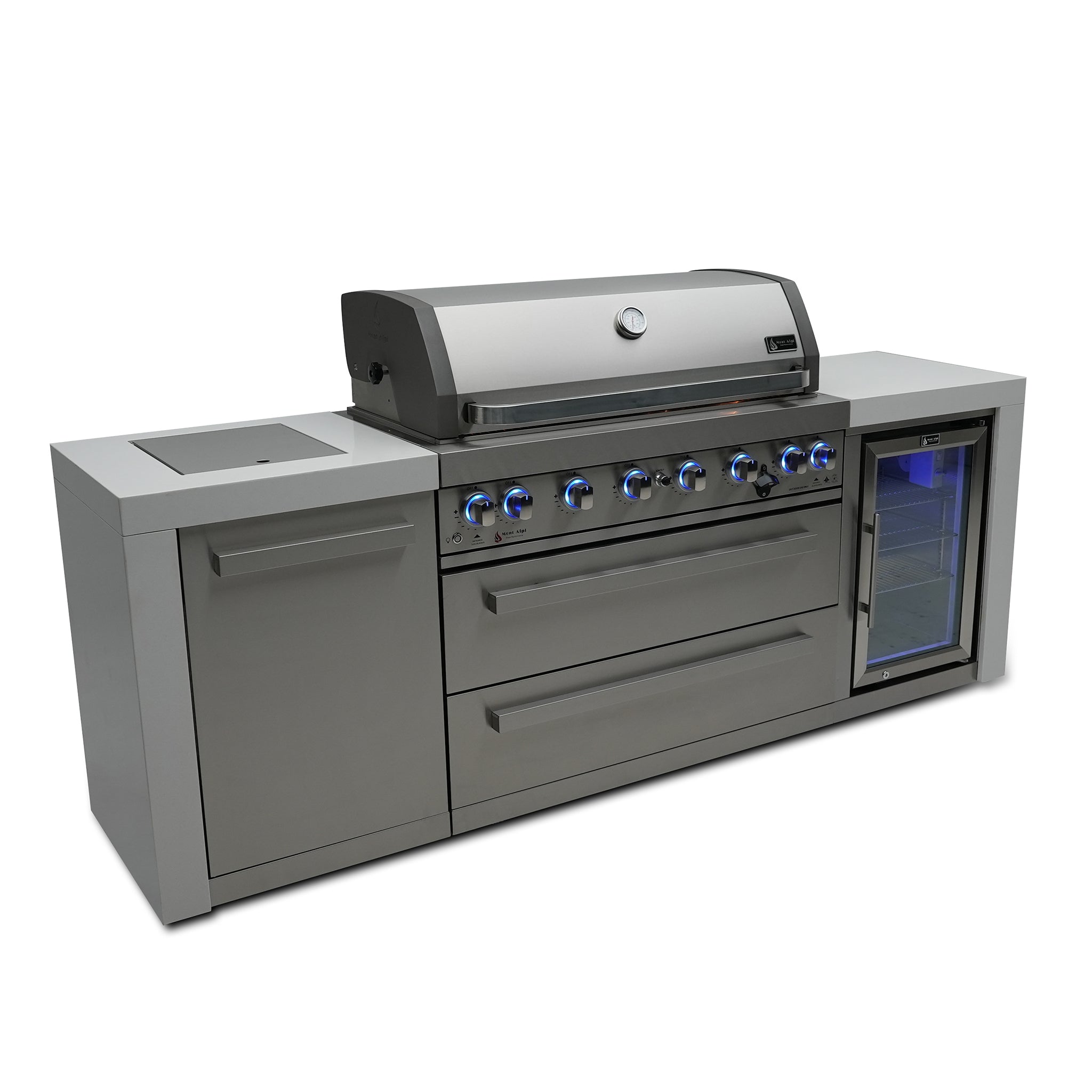 805 Deluxe 8 ft. Stainless Steel 6-Burner Outdoor Kitchen Island with Fridge Cabinet