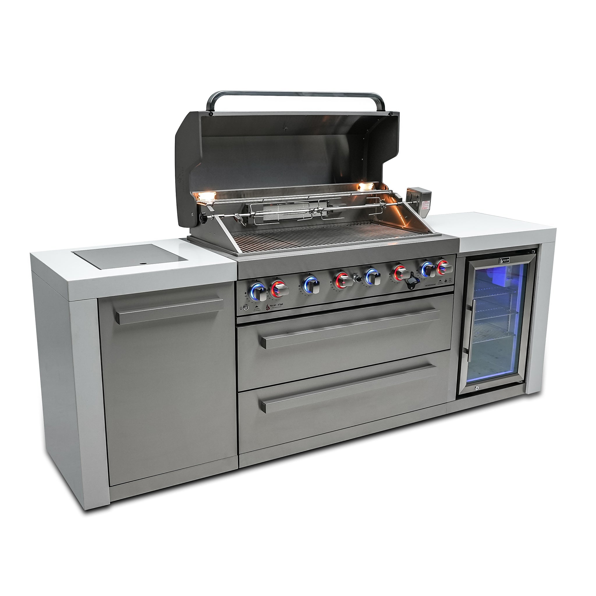 805 Deluxe 8 ft. Stainless Steel 6-Burner Outdoor Kitchen Island with Fridge Cabinet