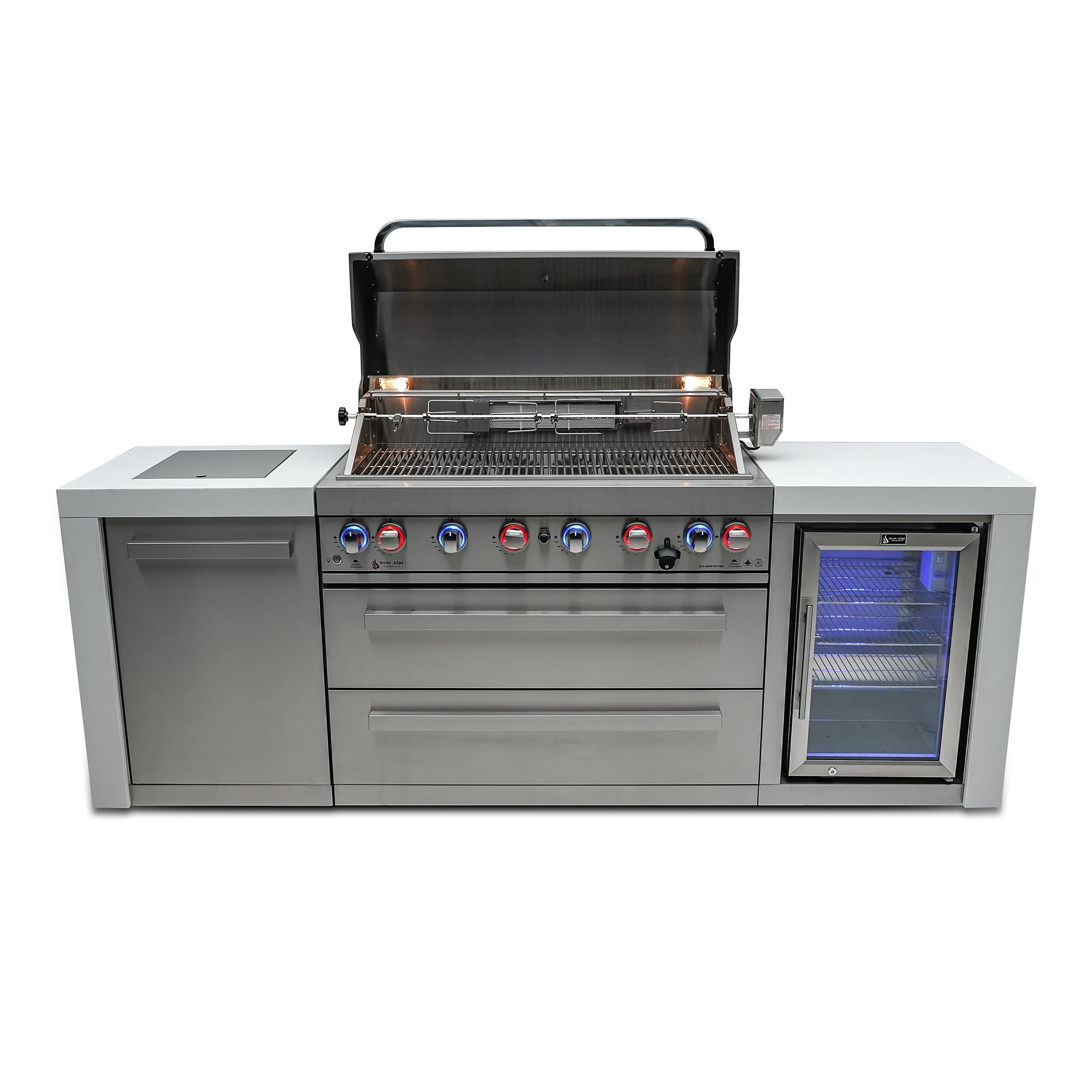 805 Deluxe 8 ft. Stainless Steel 6-Burner Outdoor Kitchen Island with Fridge Cabinet