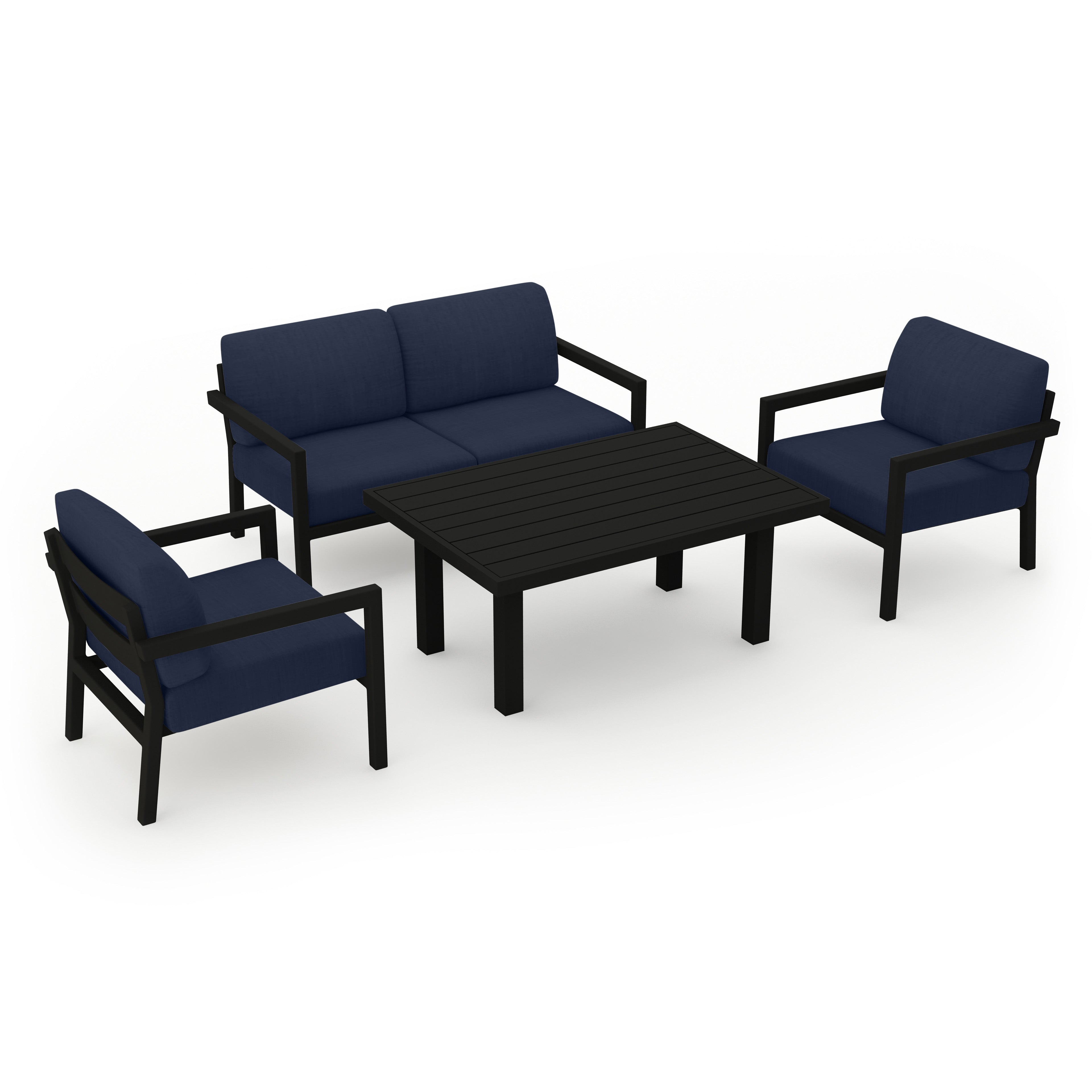 Pacifica Classic 4 Piece Aluminum Loveseat Set#Finish_Black#Fabric_Spectrum Indigo