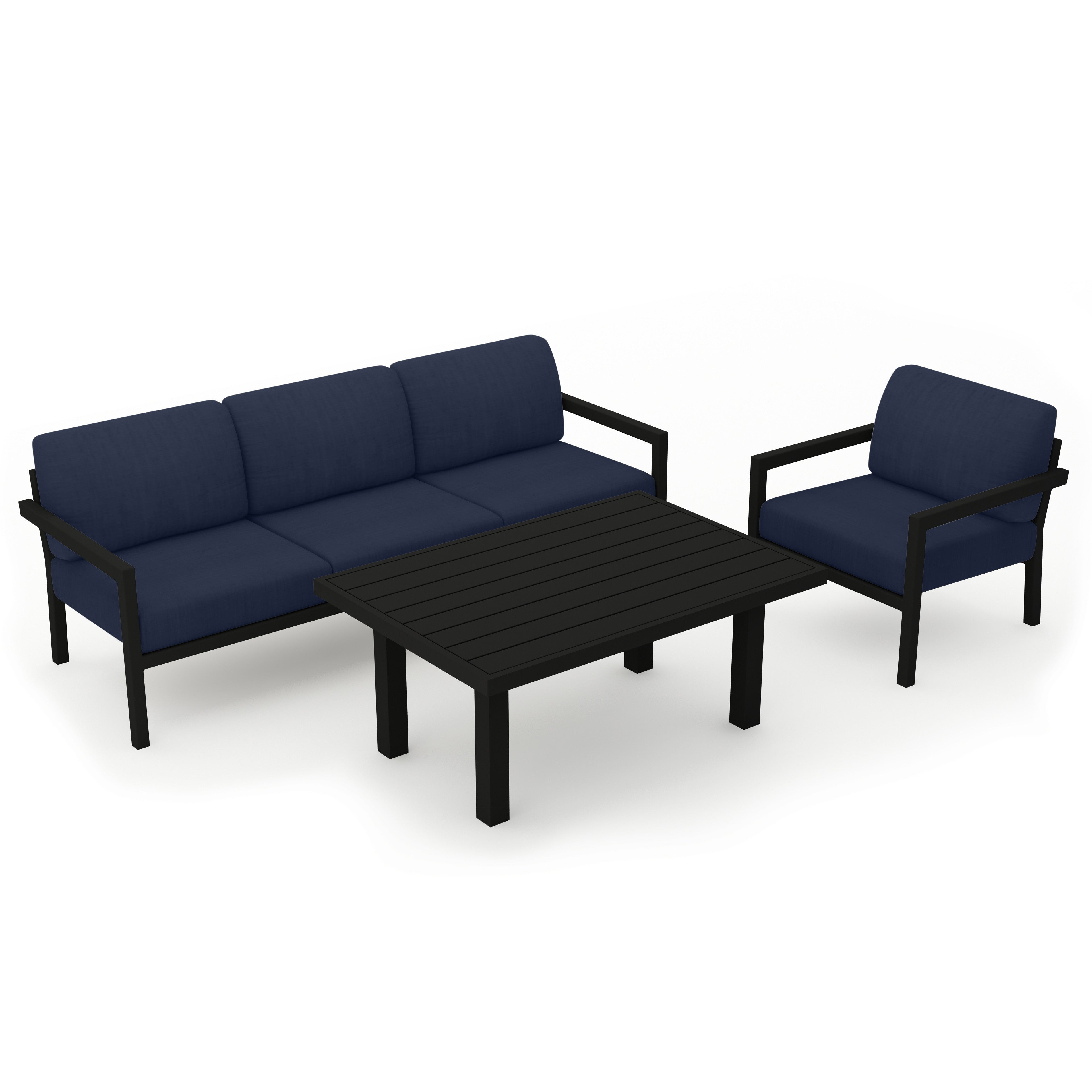 Pacifica Classic 3 Piece Sofa Set#Finish_Black#Fabric_Spectrum Indigo