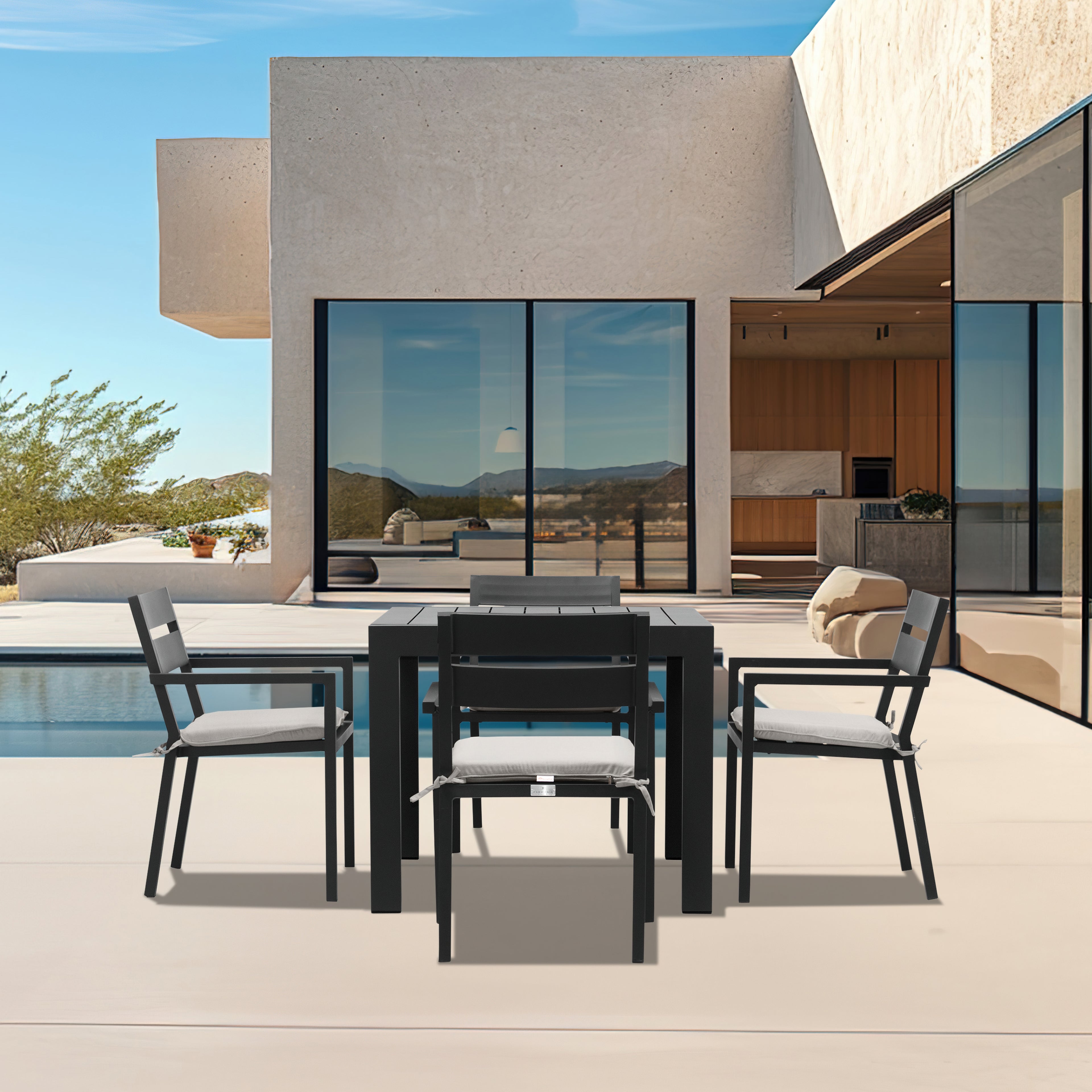 Pacifica Classic 4 Seat Square Dining Set#Finish_Black#Fabric_Cast Silver