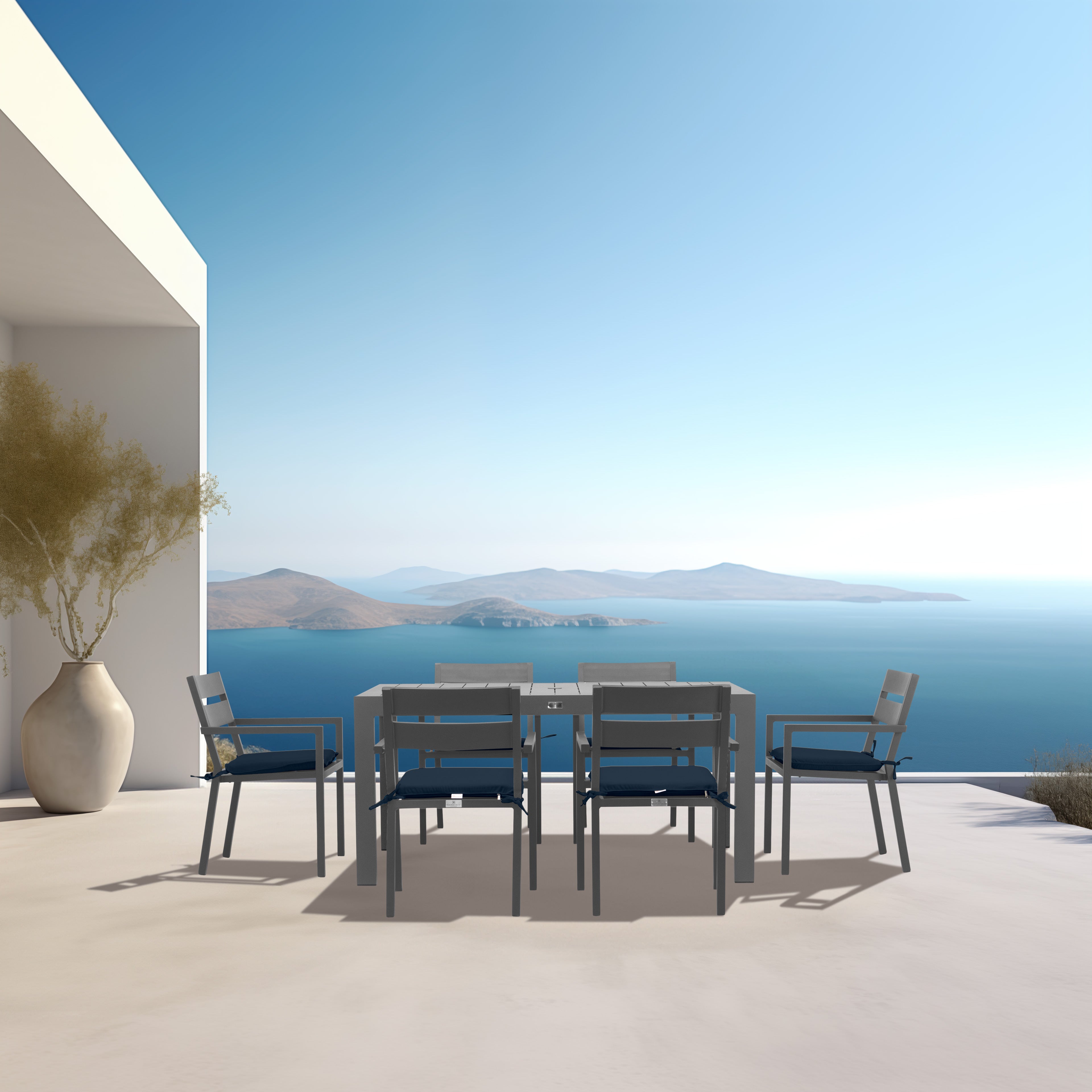 Pacifica Classic 6 Seat Rectangular Dining Set#Finish_Slate#Fabric_Spectrum Indigo