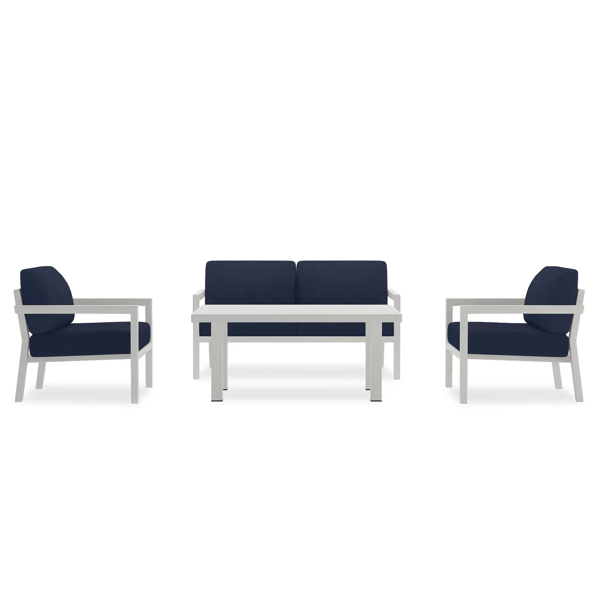 Pacifica Classic 4 Piece Aluminum Loveseat Set#Finish_White#Fabric_Spectrum Indigo