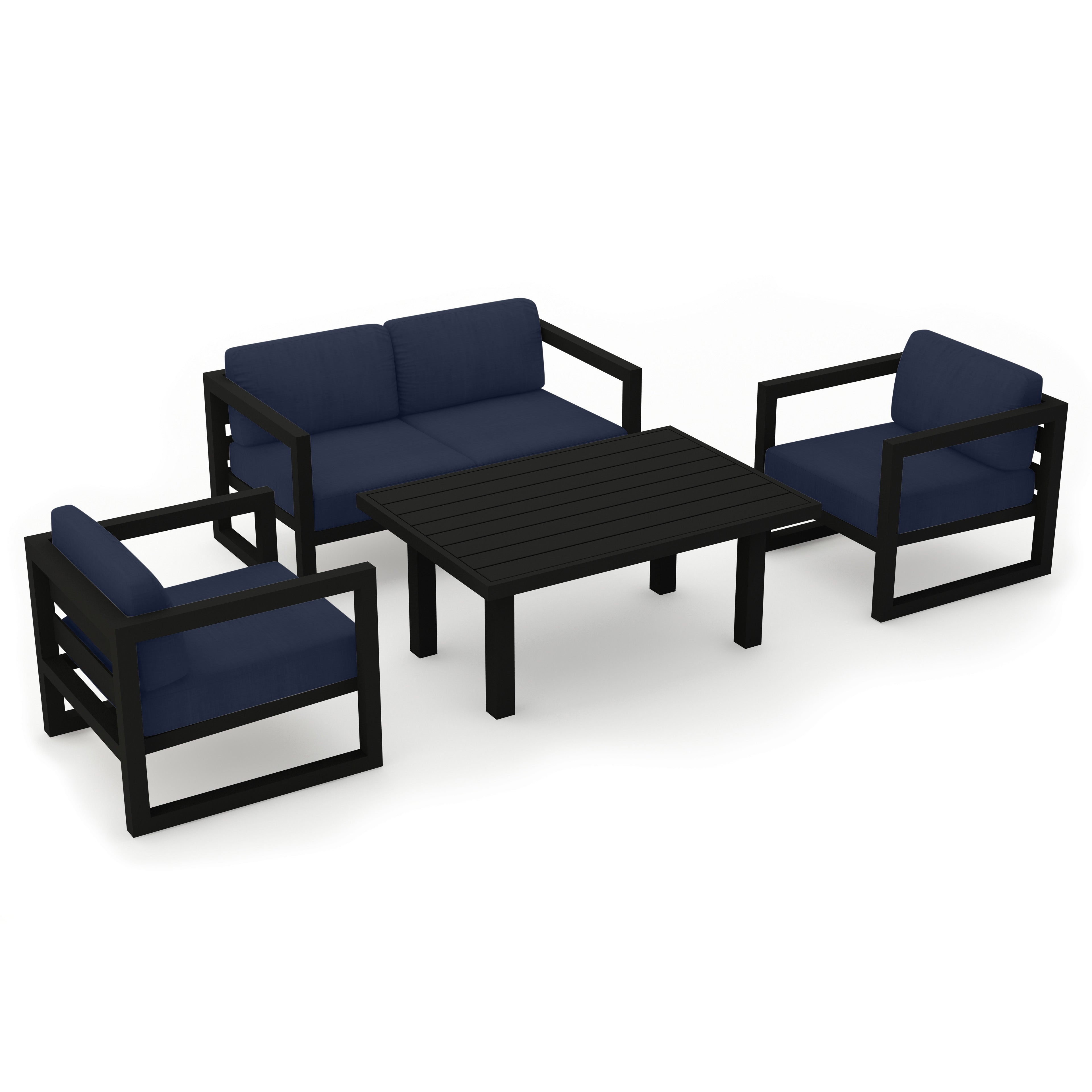 Avion Classic 4 Piece Aluminum Loveseat Set#Finish_Black#Fabric_Spectrum Indigo
