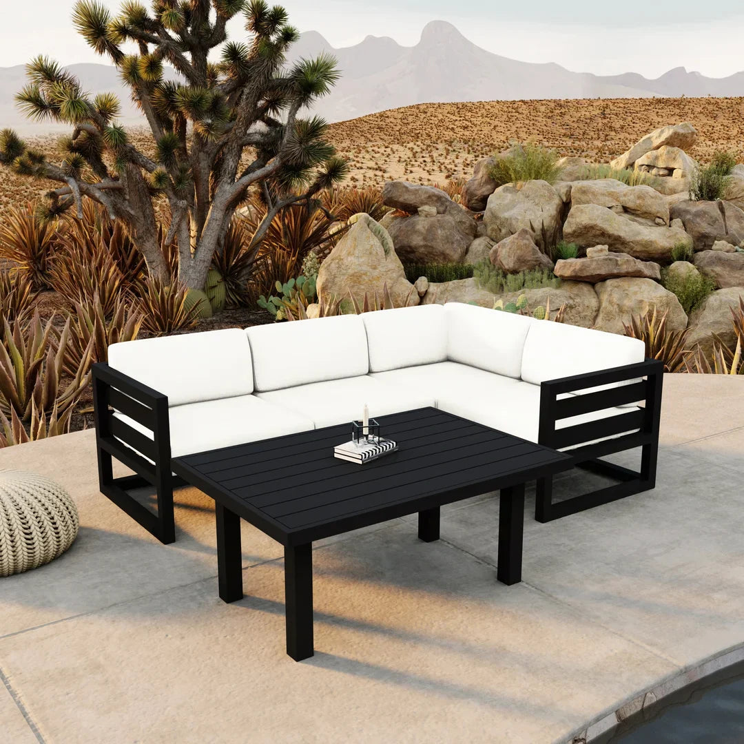 Avion Classic 5 Piece Aluminum Sectional Set#Finish_Black#Fabric_Canvas Natural