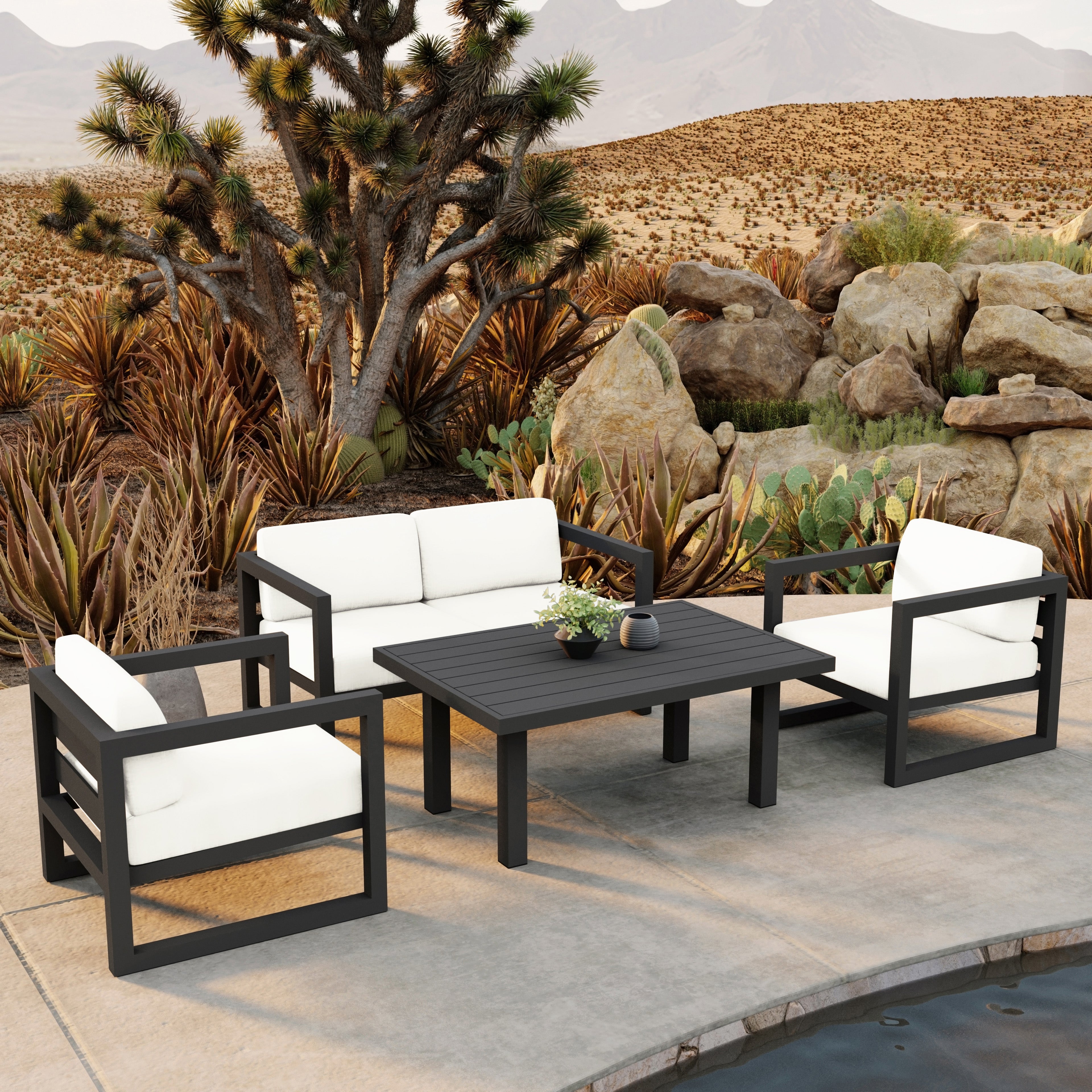 Avion Classic 4 Piece Aluminum Loveseat Set#Finish_Slate#Fabric_Canvas Natural