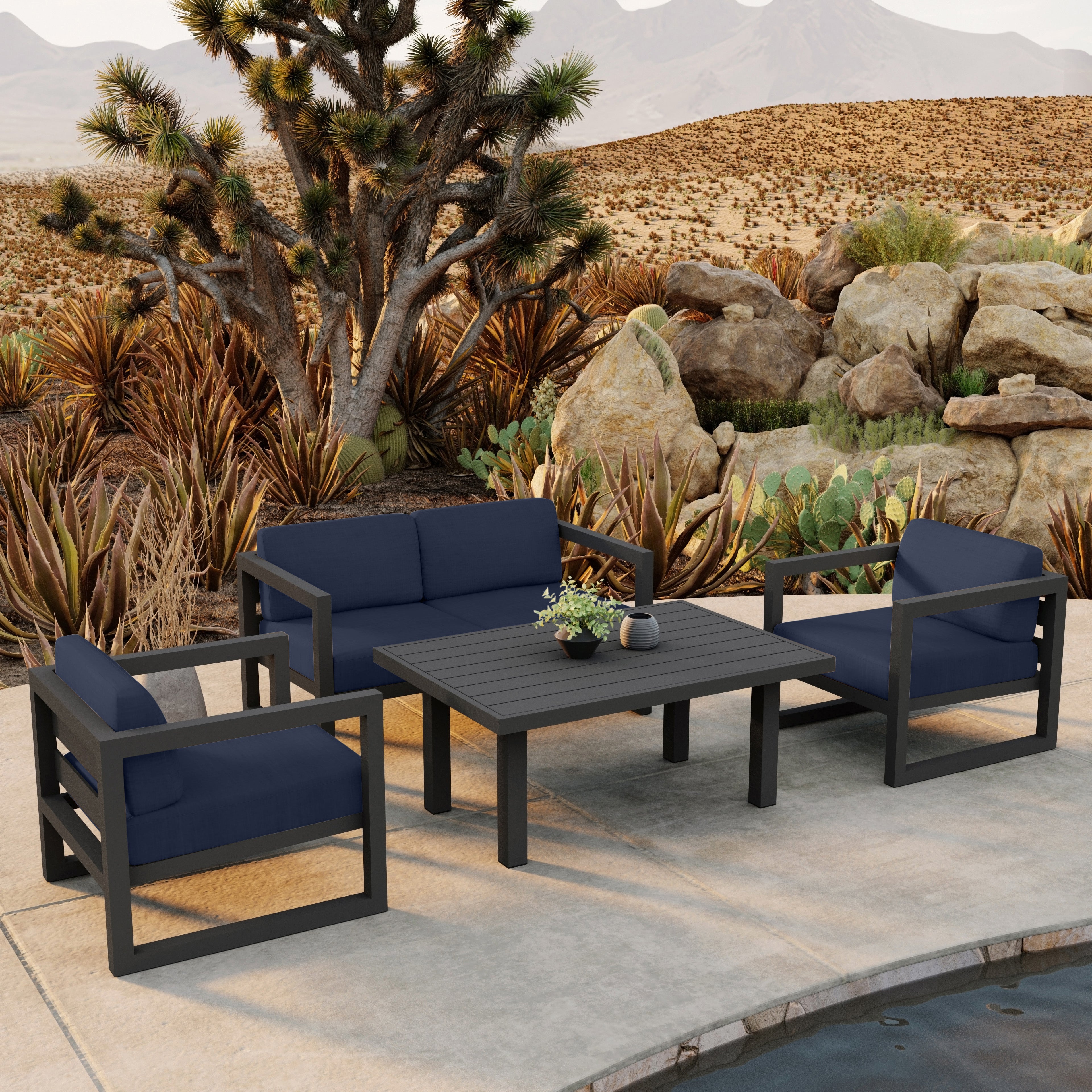 Avion Classic 4 Piece Aluminum Loveseat Set#Finish_Slate#Fabric_Spectrum Indigo