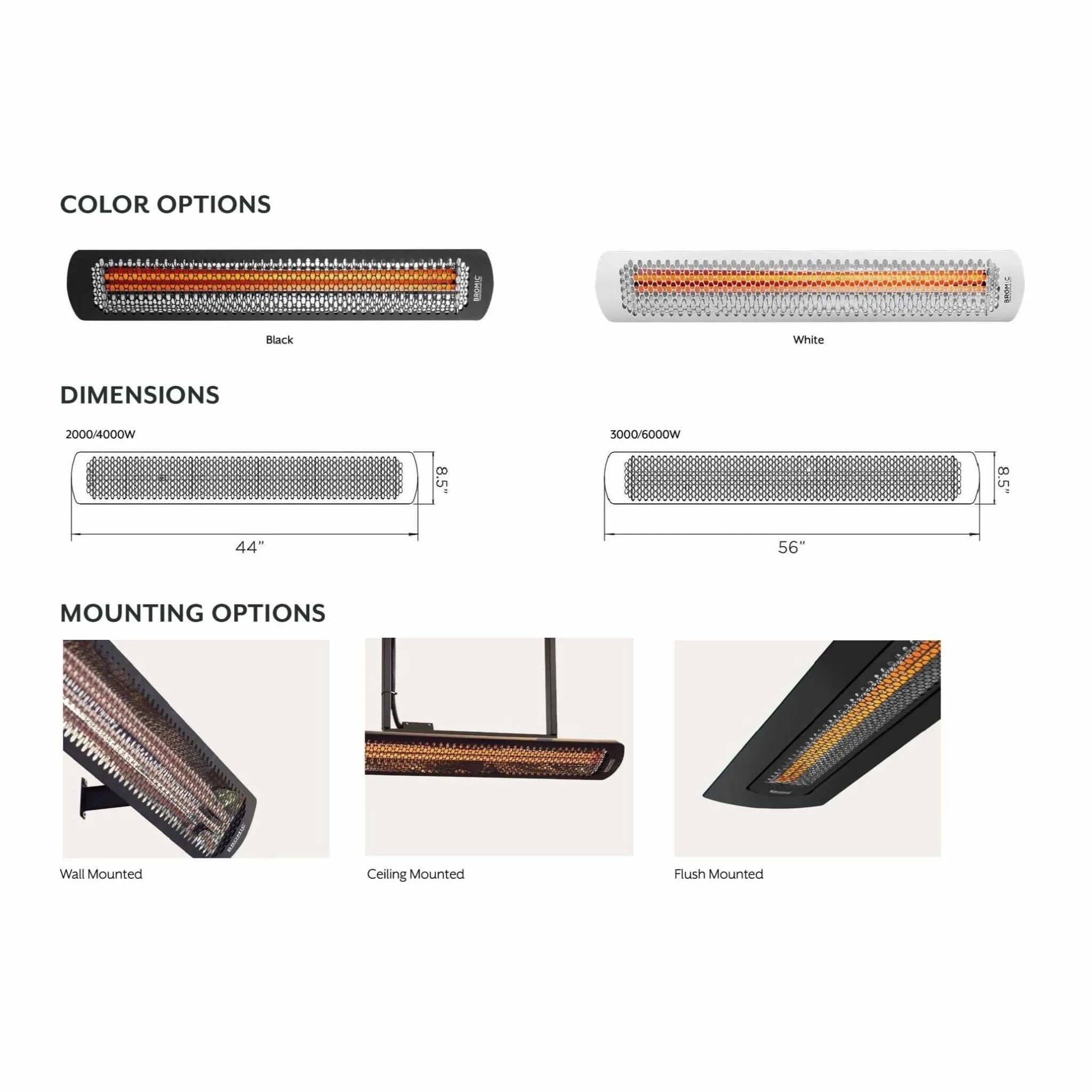 Specification sheet for the Bromic Heating Tungsten Smart-Heat Electric Heater, showing available color options in black and white, dimensions for 2000Wâ€“6000W models, and mounting options including wall, ceiling, and flush mount. Visual guide highlights the heaterâ€™s sleek design, compact depth, and versatile installation choices for residential and commercial outdoor spaces.
