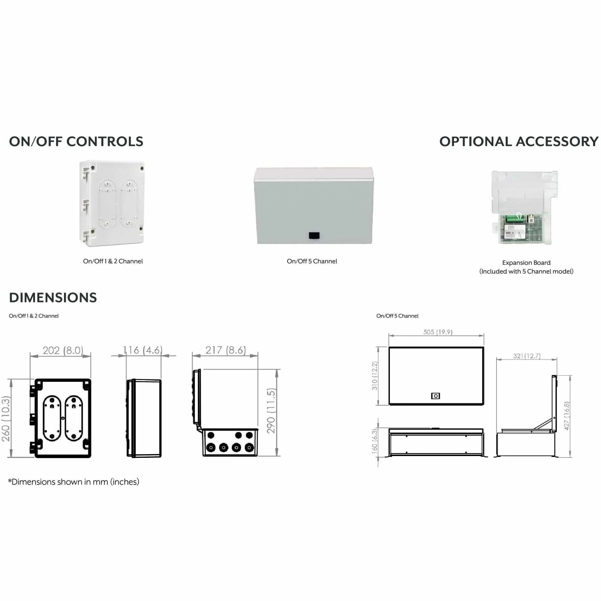 Technical overview of the Bromic Heating Affinity Smart-Heat On/Off Controllers, including 1, 2, and 5 Channel models, optional accessories, and detailed product dimensions.