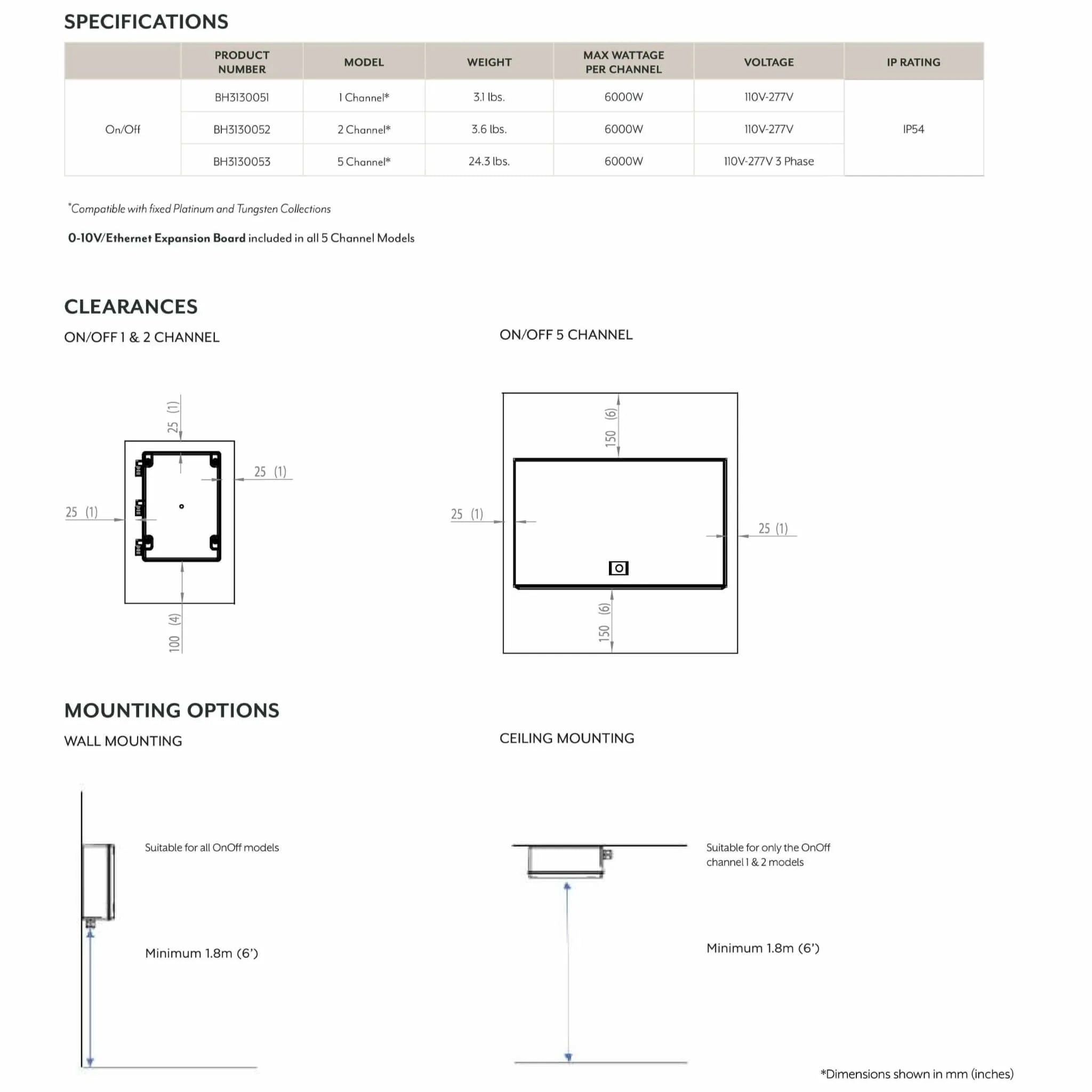 Specification sheet for Bromic Heating Smart-Heat Affinity On/Off Controllers displaying product numbers, wattage, voltage ratings, clearances, and wall or ceiling mounting diagrams.