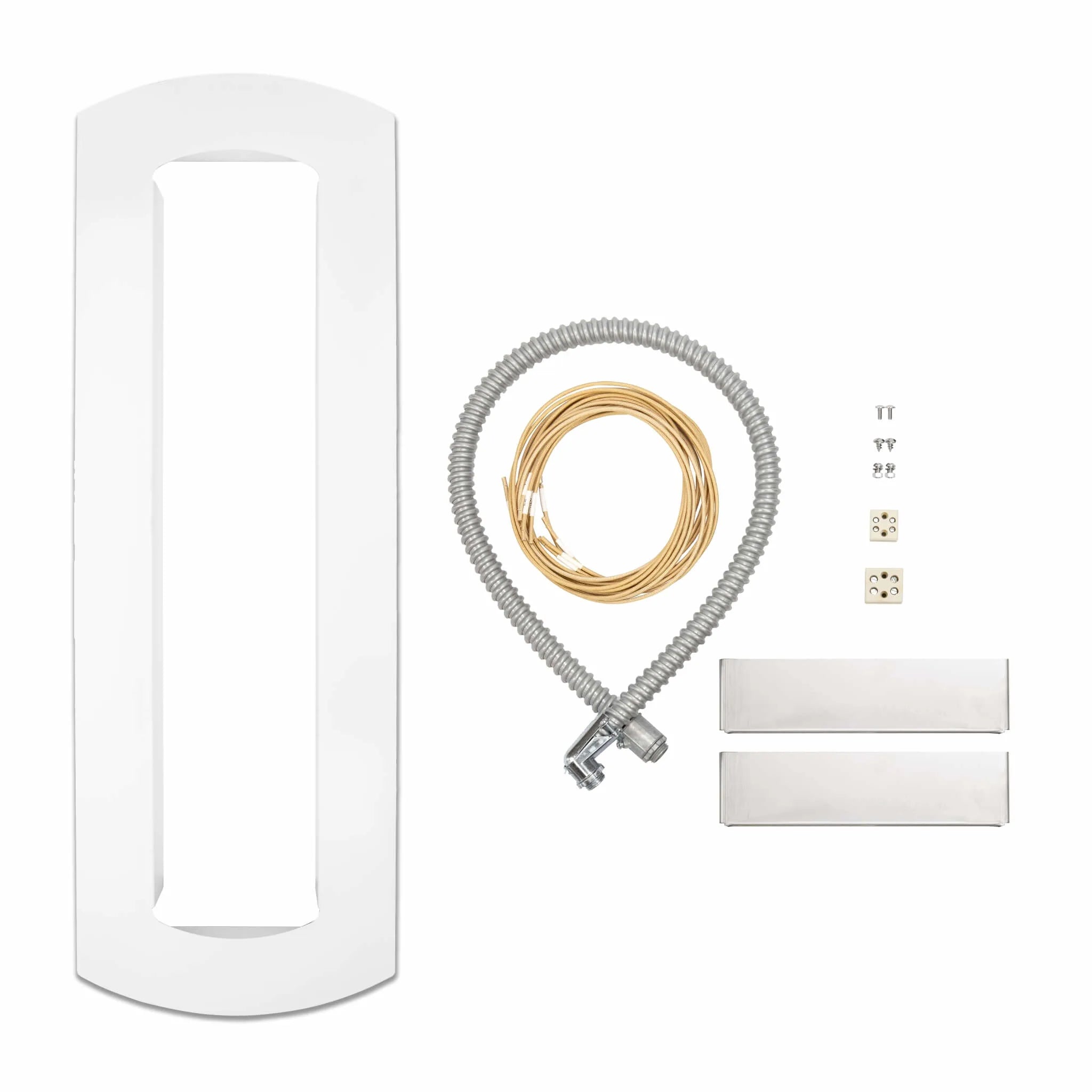 Overhead image of the Bromic Heating Tungsten Smart-Heat Recessed Kit in white, including frame, wiring, and installation components for seamless flush mounting.