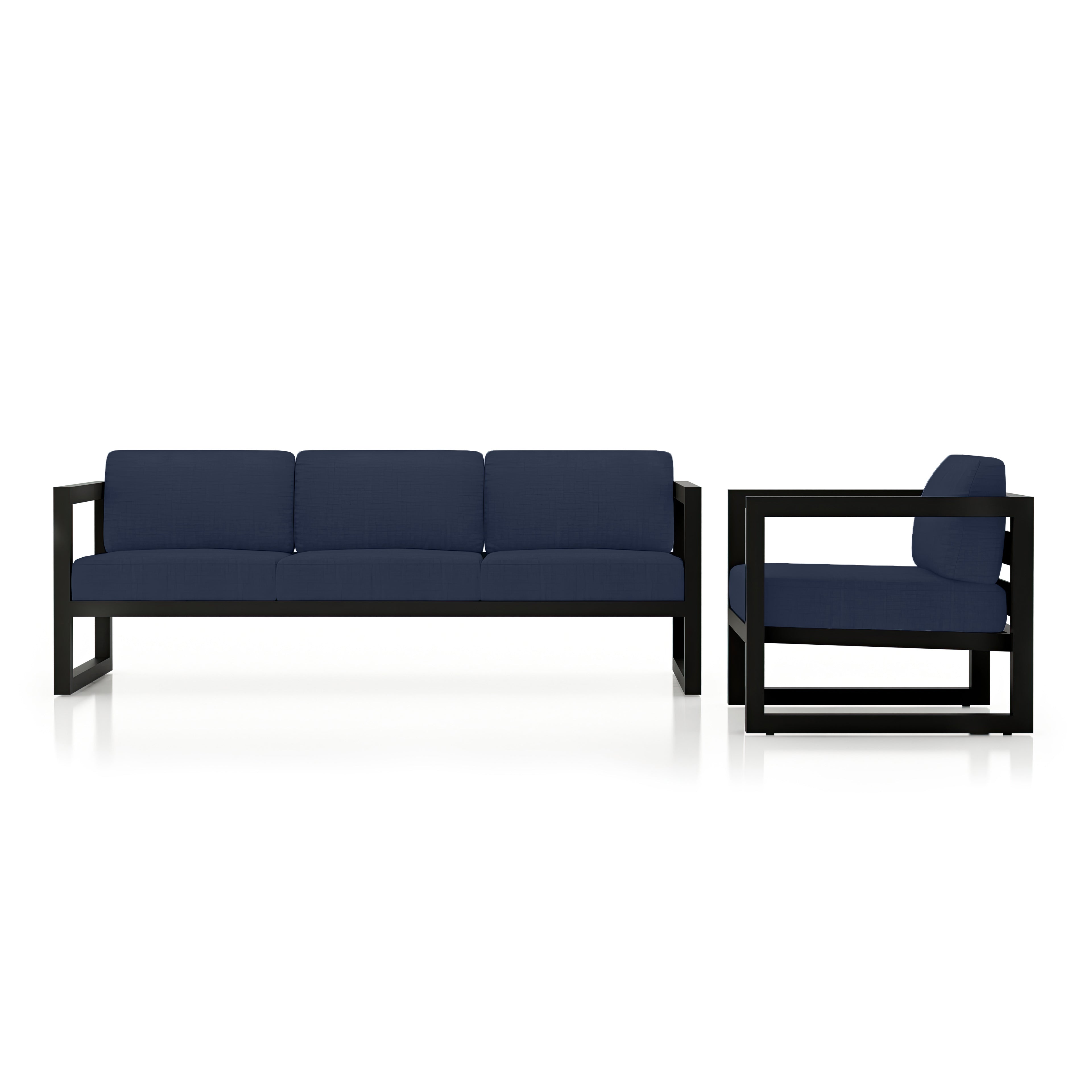 Avion 2 Piece Aluminum Sofa Set#Finish_Black#Fabric_Spectrum Indigo