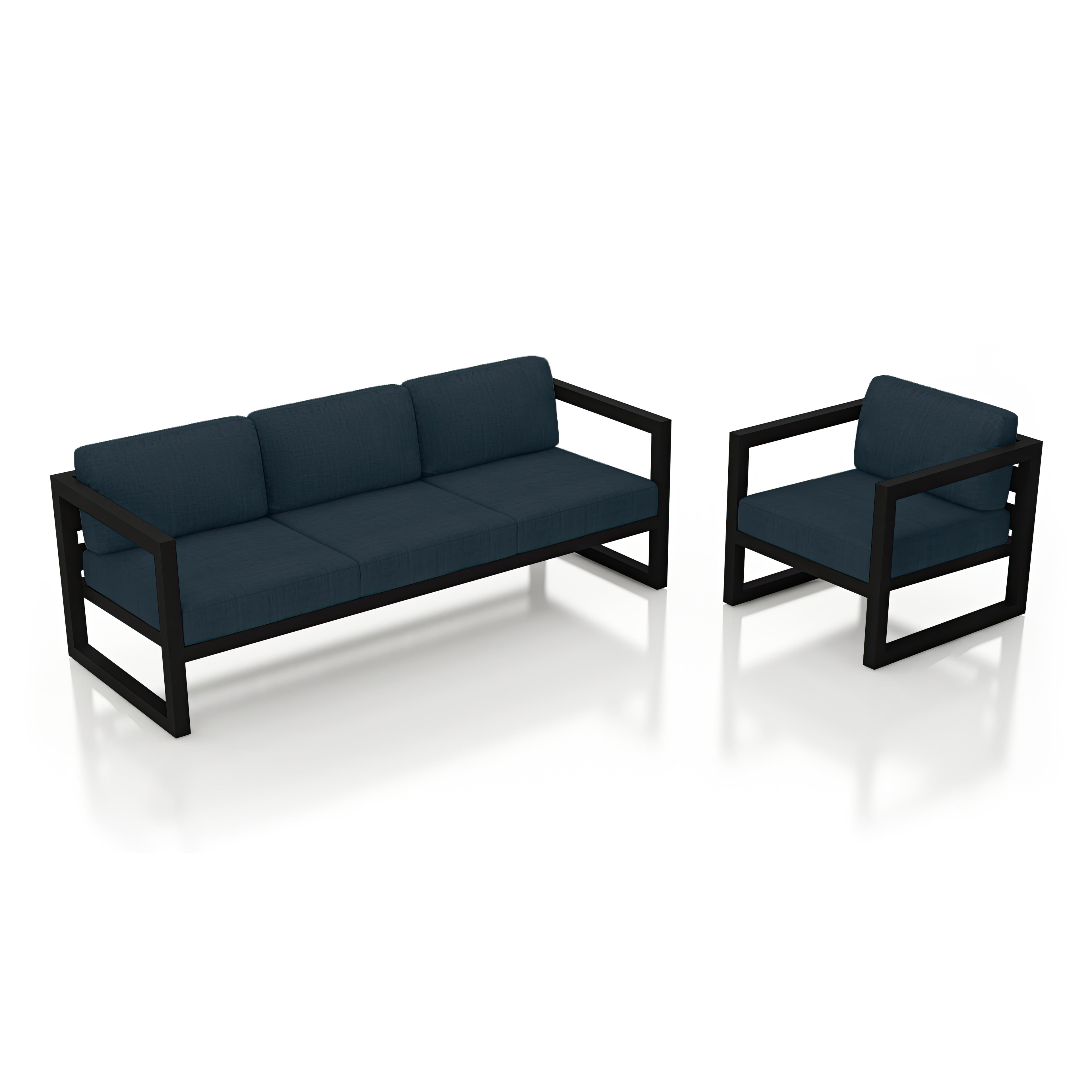 Avion 2 Piece Aluminum Sofa Set#Finish_Black#Fabric_Spectrum Indigo