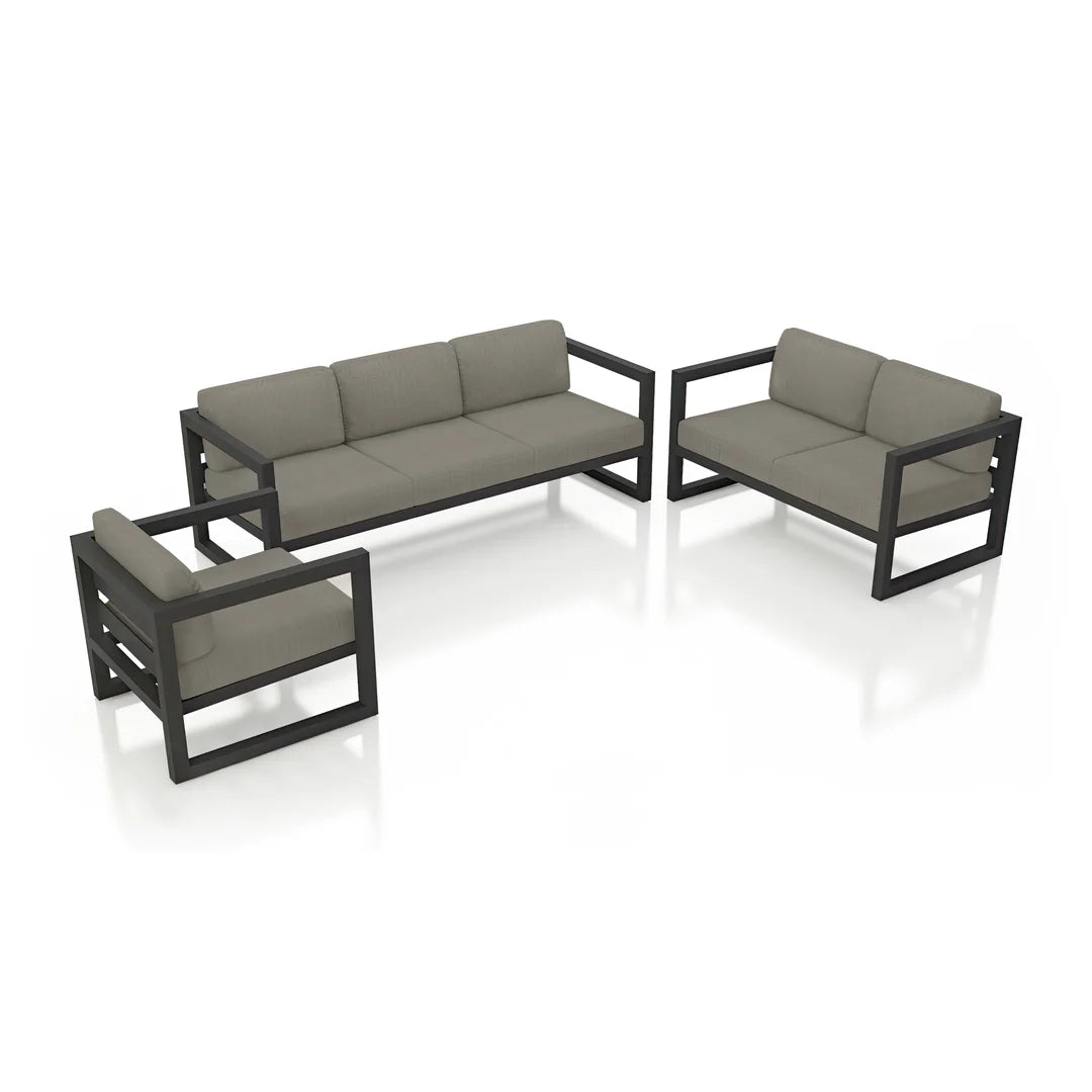 Avion 3 Piece Aluminum Sofa Loveseat Set#Finish_Black#Fabric_Canvas Charcoal