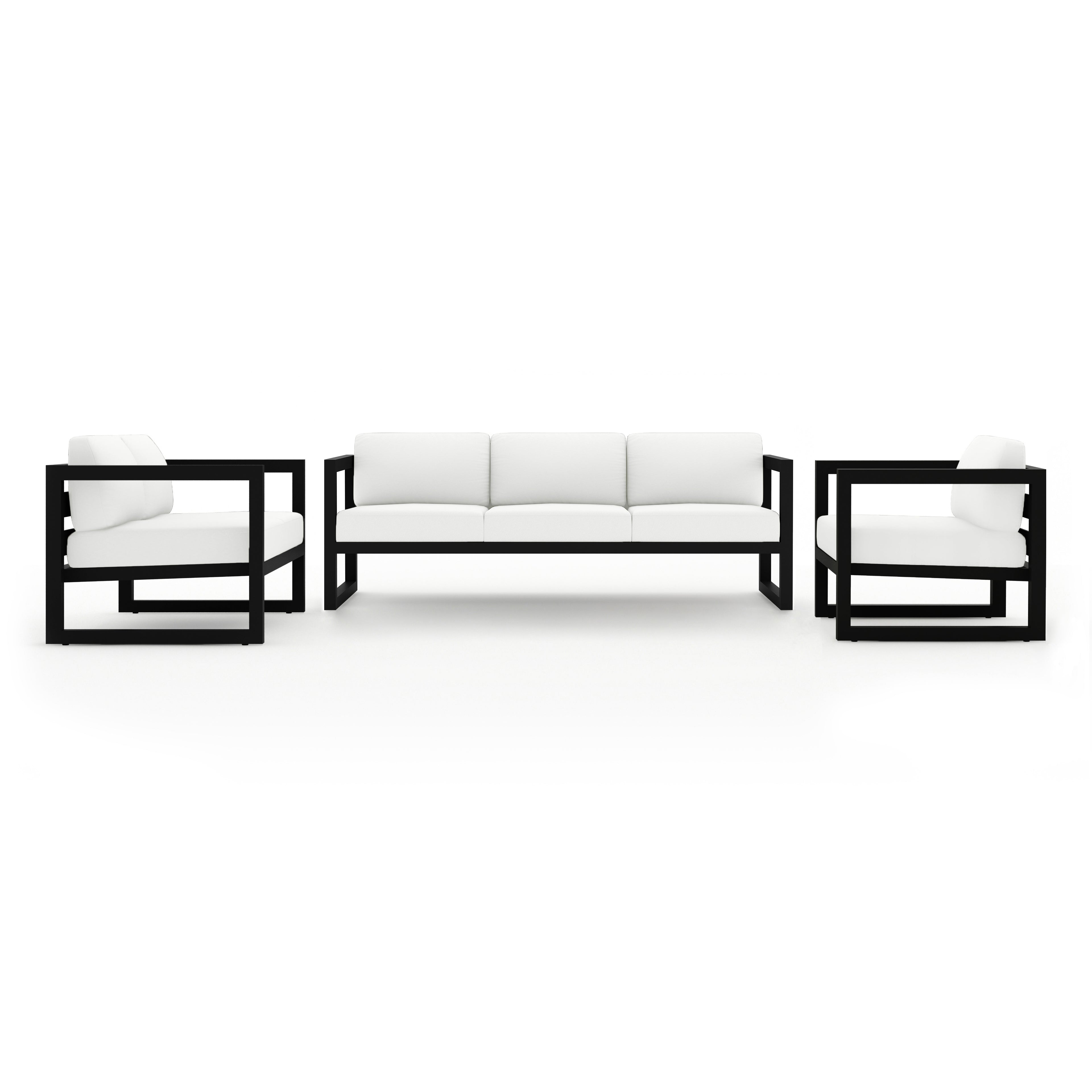 Avion 3 Piece Aluminum Sofa Loveseat Set#Finish_Black#Fabric_Canvas Natural