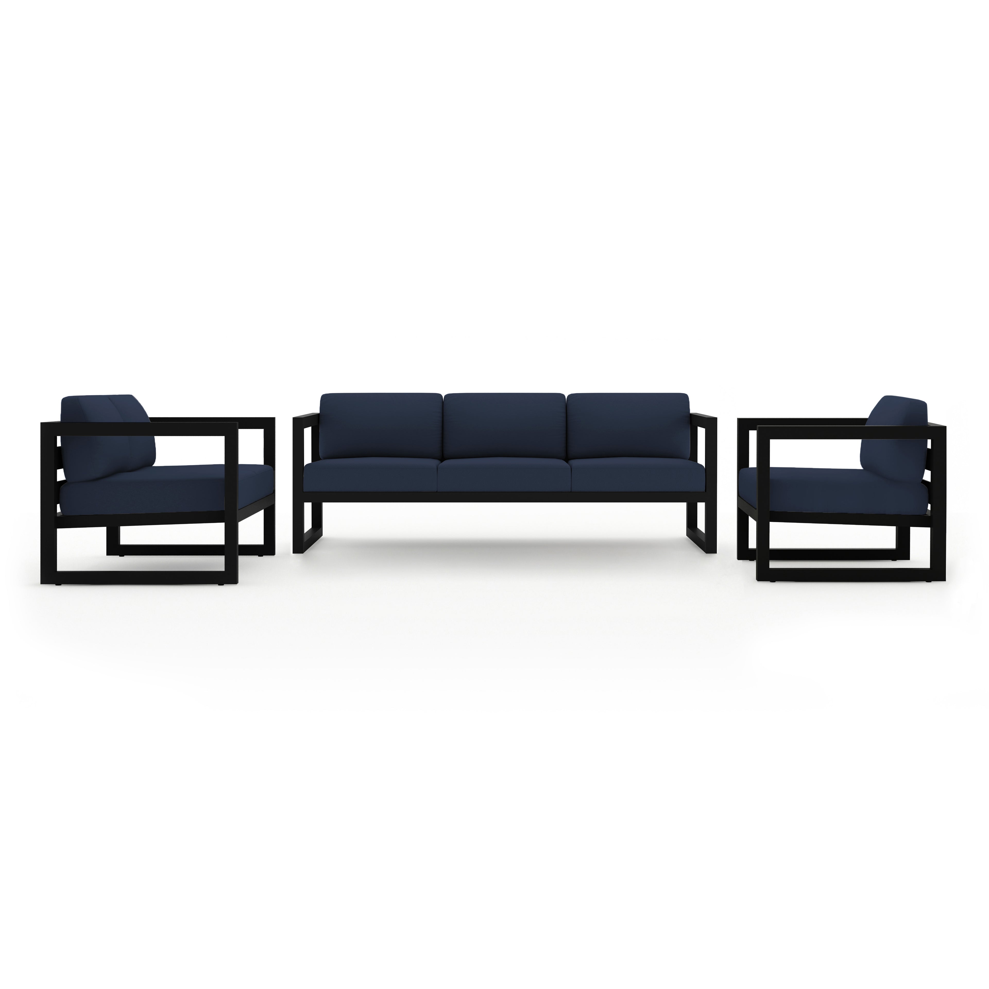 Avion 3 Piece Aluminum Sofa Loveseat Set#Finish_Black#Fabric_Spectrum Indigo